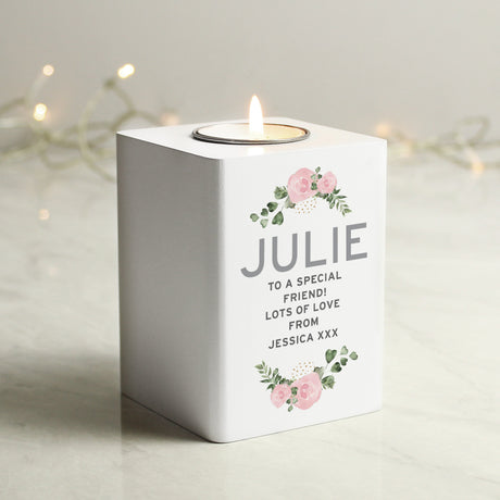 Personalised Abstract Rose White Wooden Tea light Holder: 3 - Candle Holders By Gift Moments