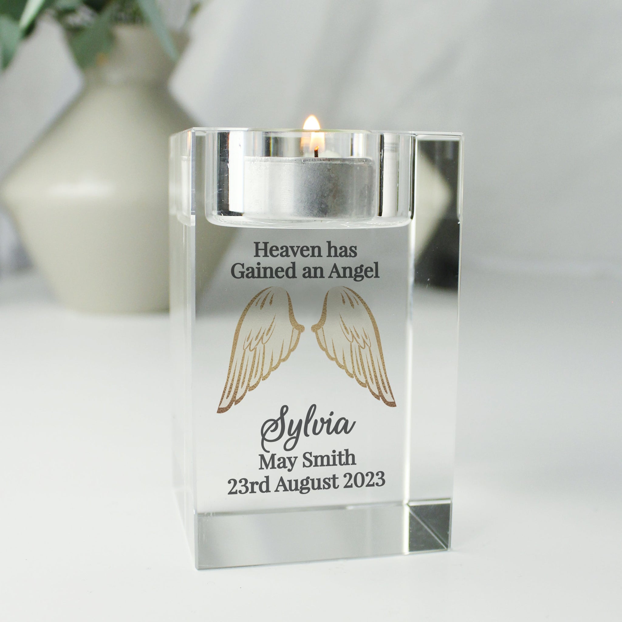 Personalised Angel Wings Memorial Glass Tealight Holder: 1 - Candle Holders By Gift Moments