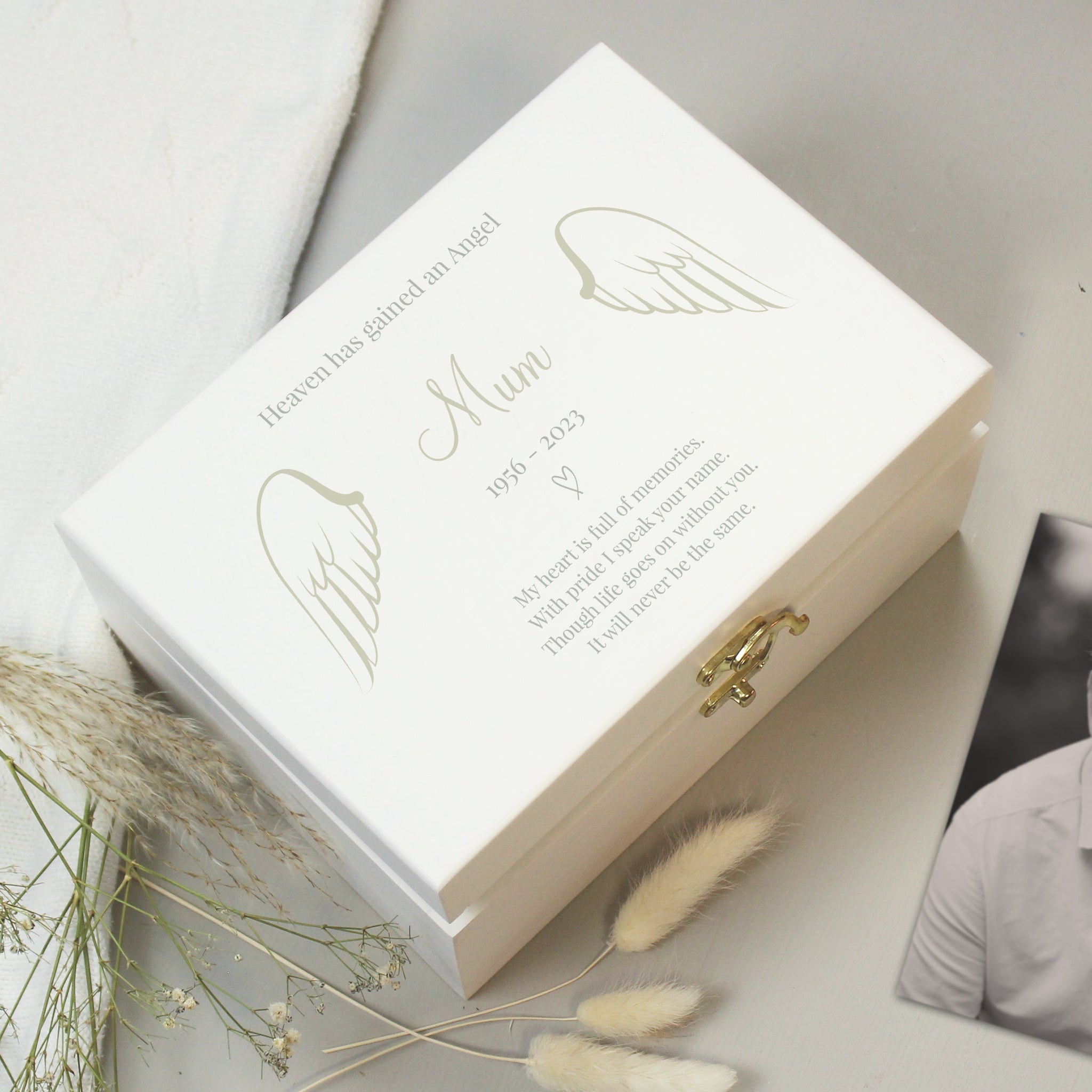 Personalised Angel Wings Memorial White Wooden Box: 3 - Keepsake Boxes By Gift Moments