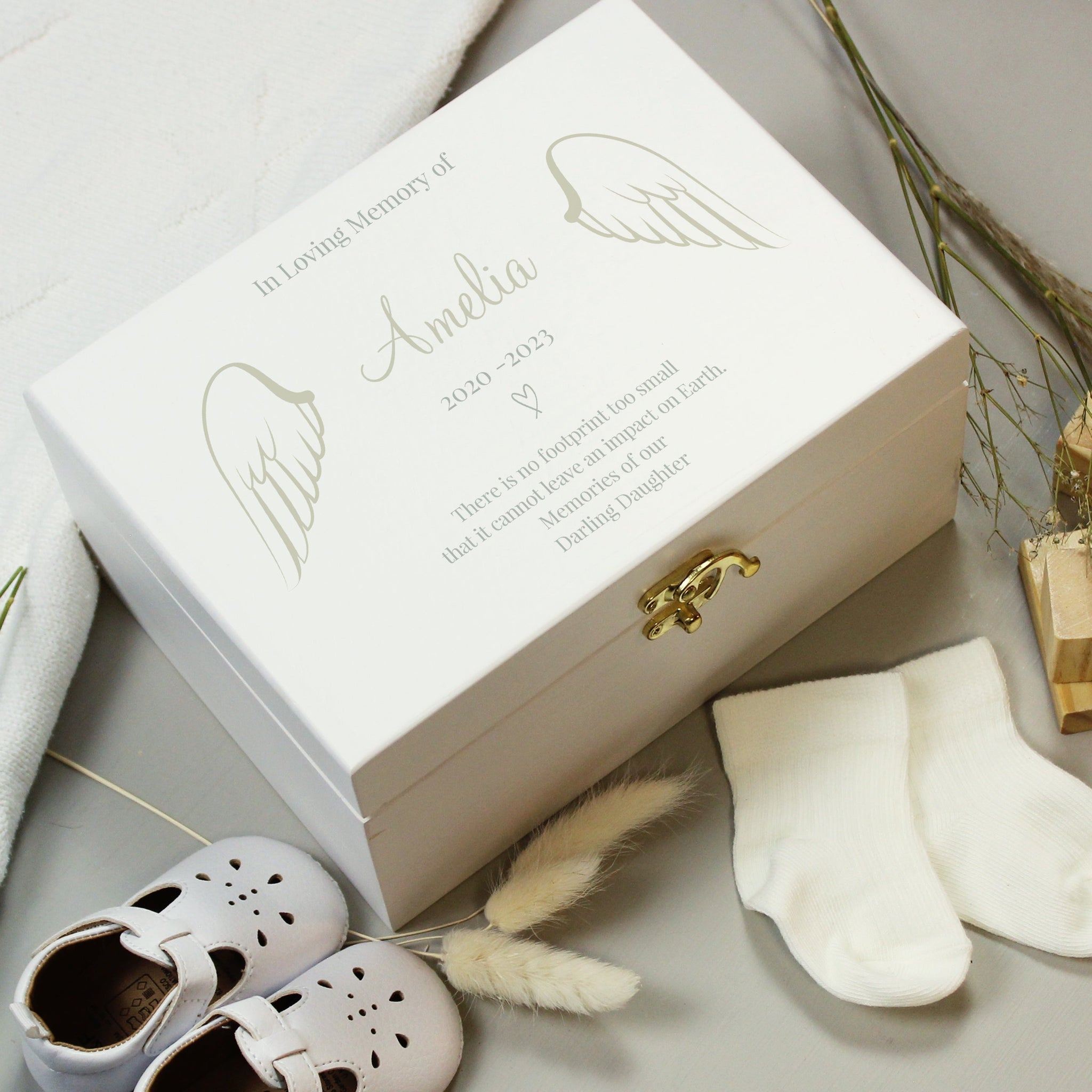 Personalised Angel Wings Memorial White Wooden Box: 2 - Keepsake Boxes By Gift Moments