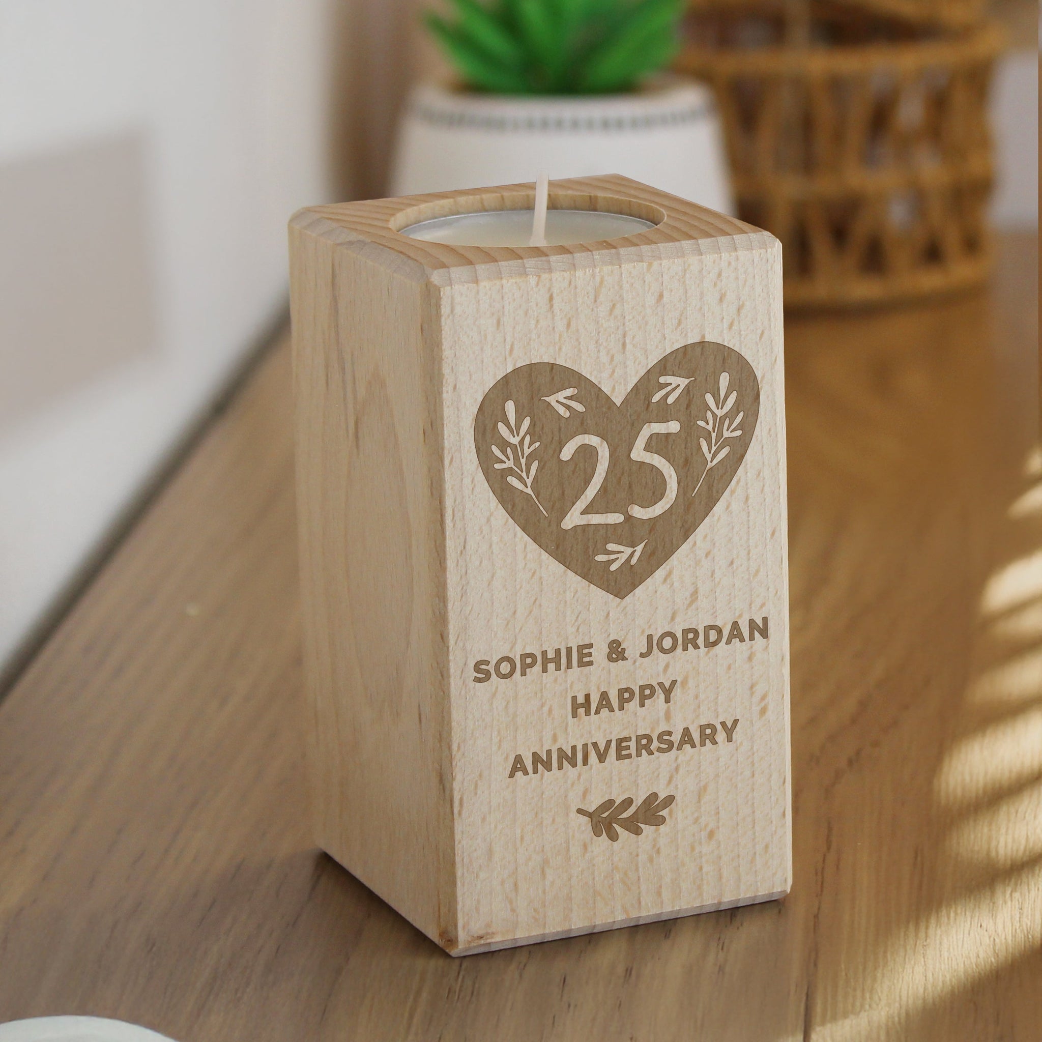 Personalised Anniversary Wooden Tealight Holder: 2 - Candle Holders By Gift Moments