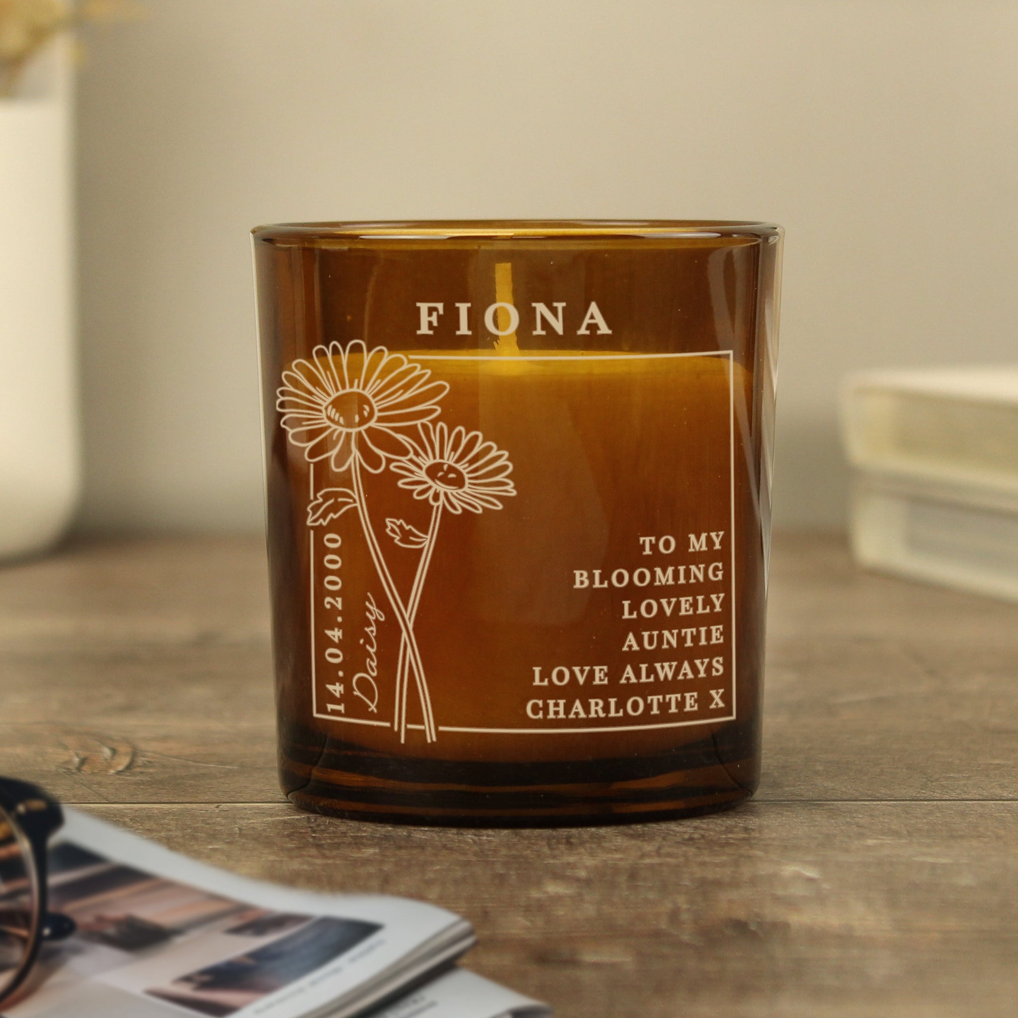 Personalised April Birth Flower Amber Glass Candle: 6 - Candles By Gift Moments