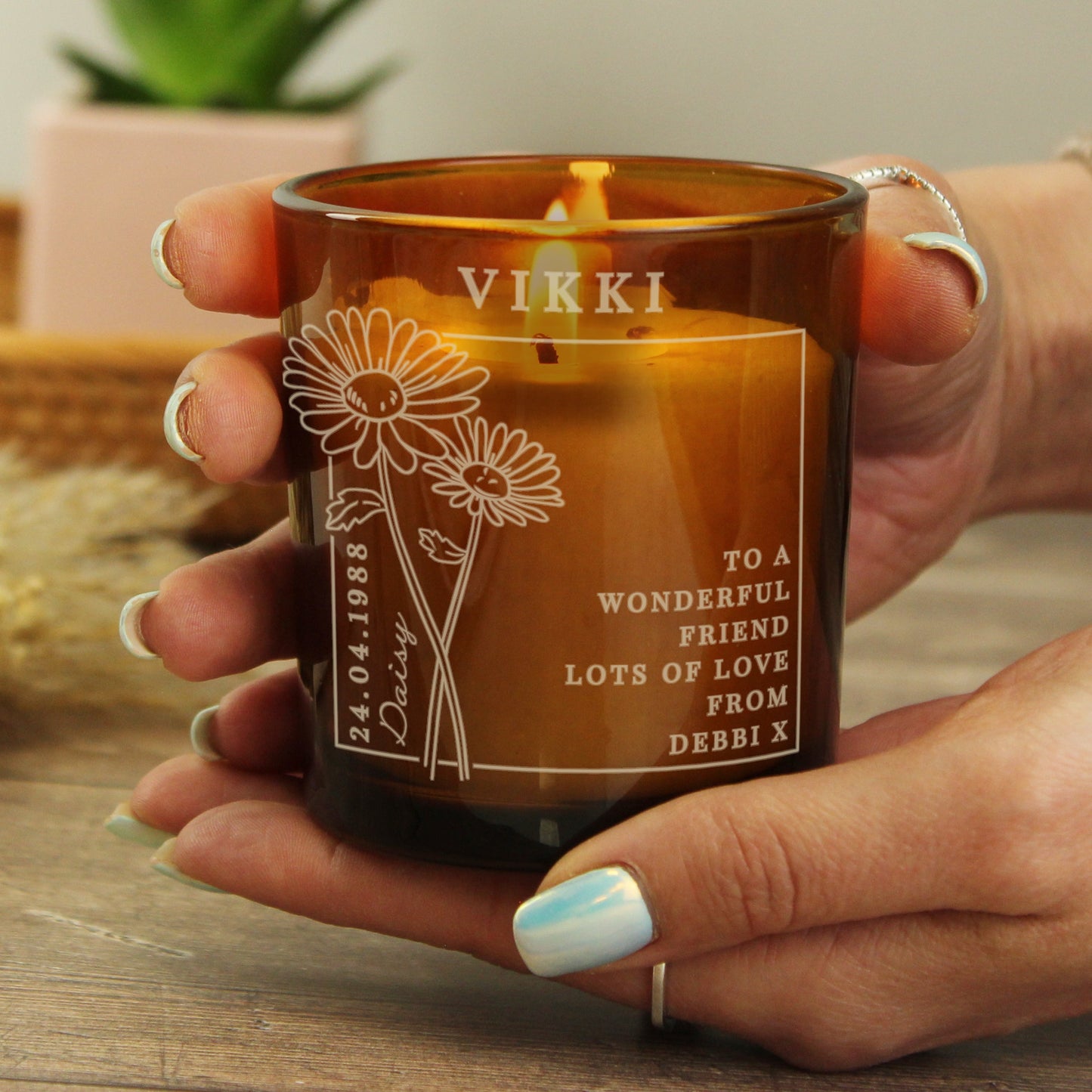 Personalised April Birth Flower Amber Glass Candle: 4 - Candles By Gift Moments