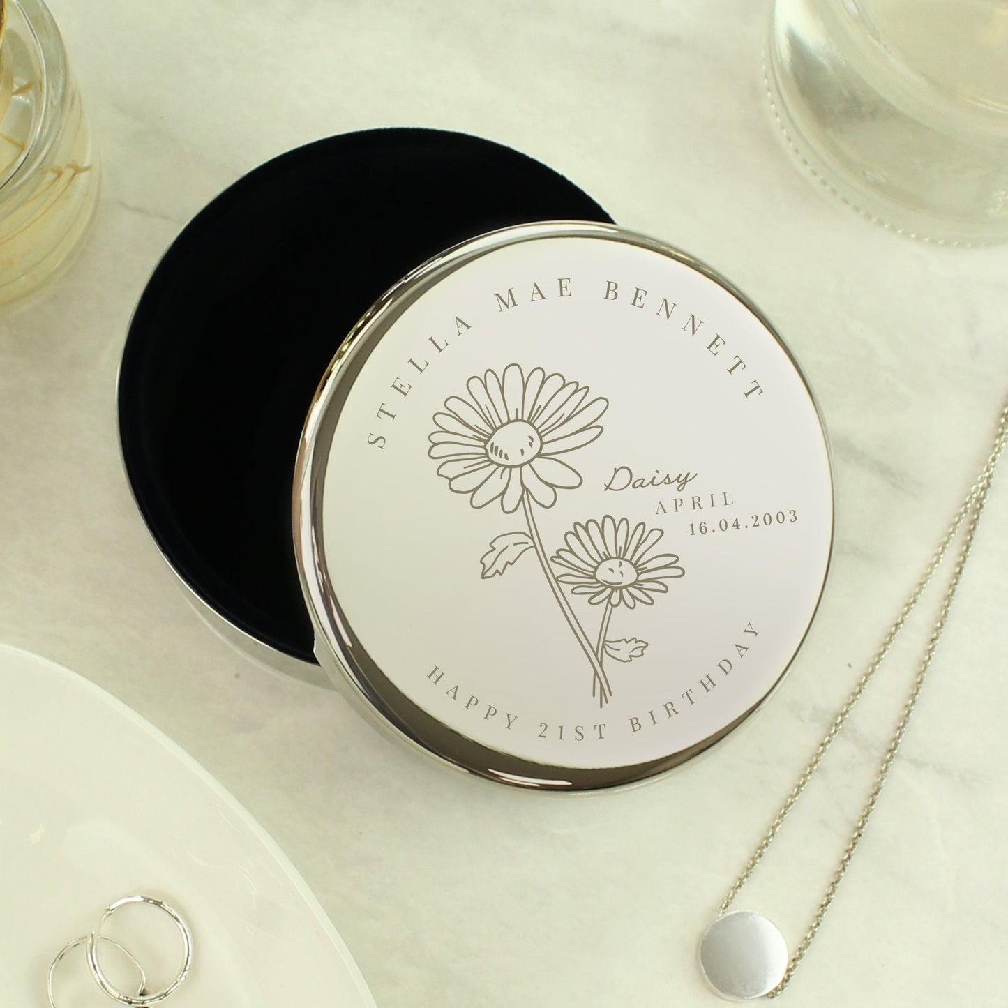 Personalised April Birth Flower Round Trinket Box: 2 - Trinket Boxes By Gift Moments