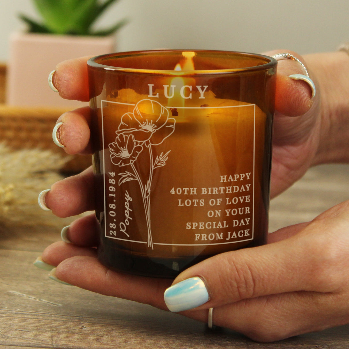 Personalised August Birth Flower Amber Glass Candle: 4 - Candles By Gift Moments