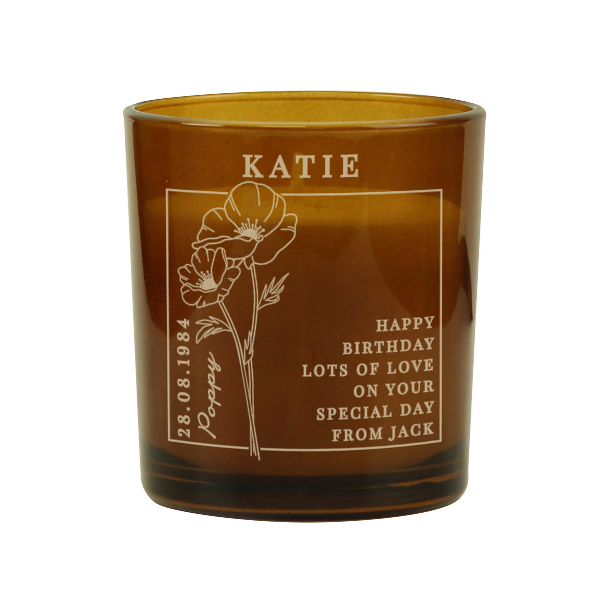 Personalised August Birth Flower Amber Glass Candle: 5 - Candles By Gift Moments
