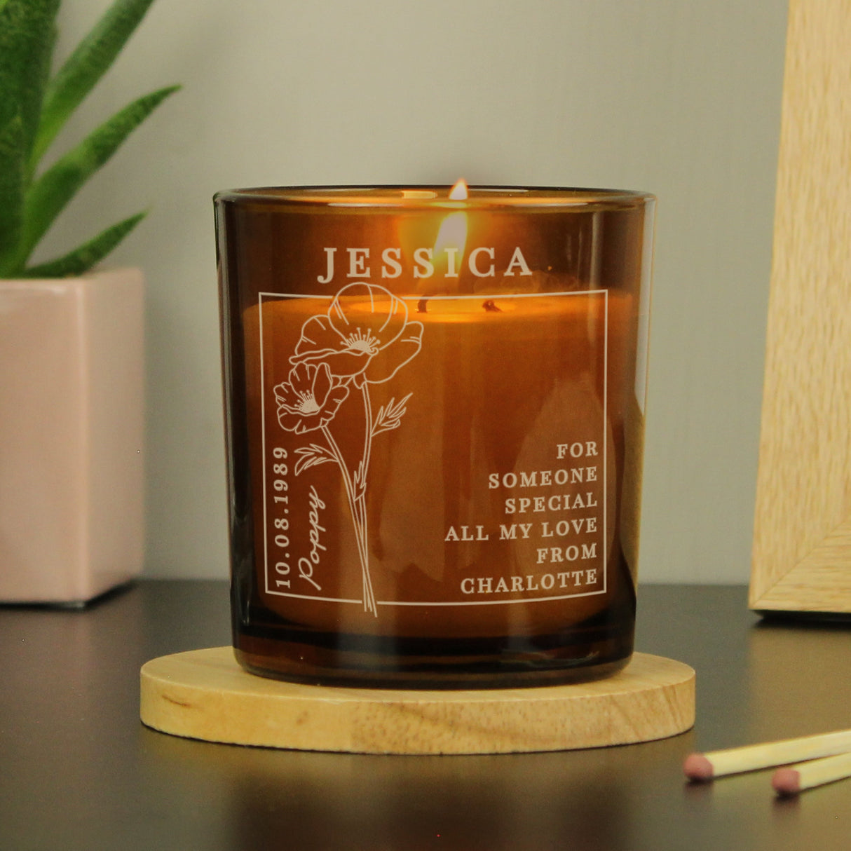 Personalised August Birth Flower Amber Glass Candle: 1 - Candles By Gift Moments