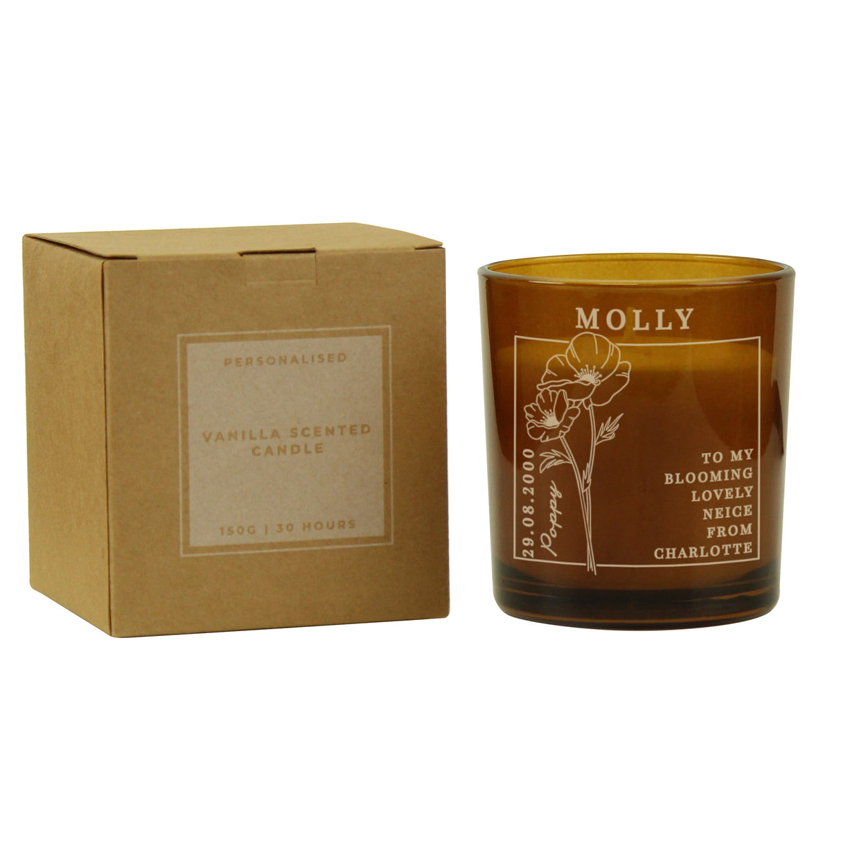 Personalised August Birth Flower Amber Glass Candle: 7 - Candles By Gift Moments