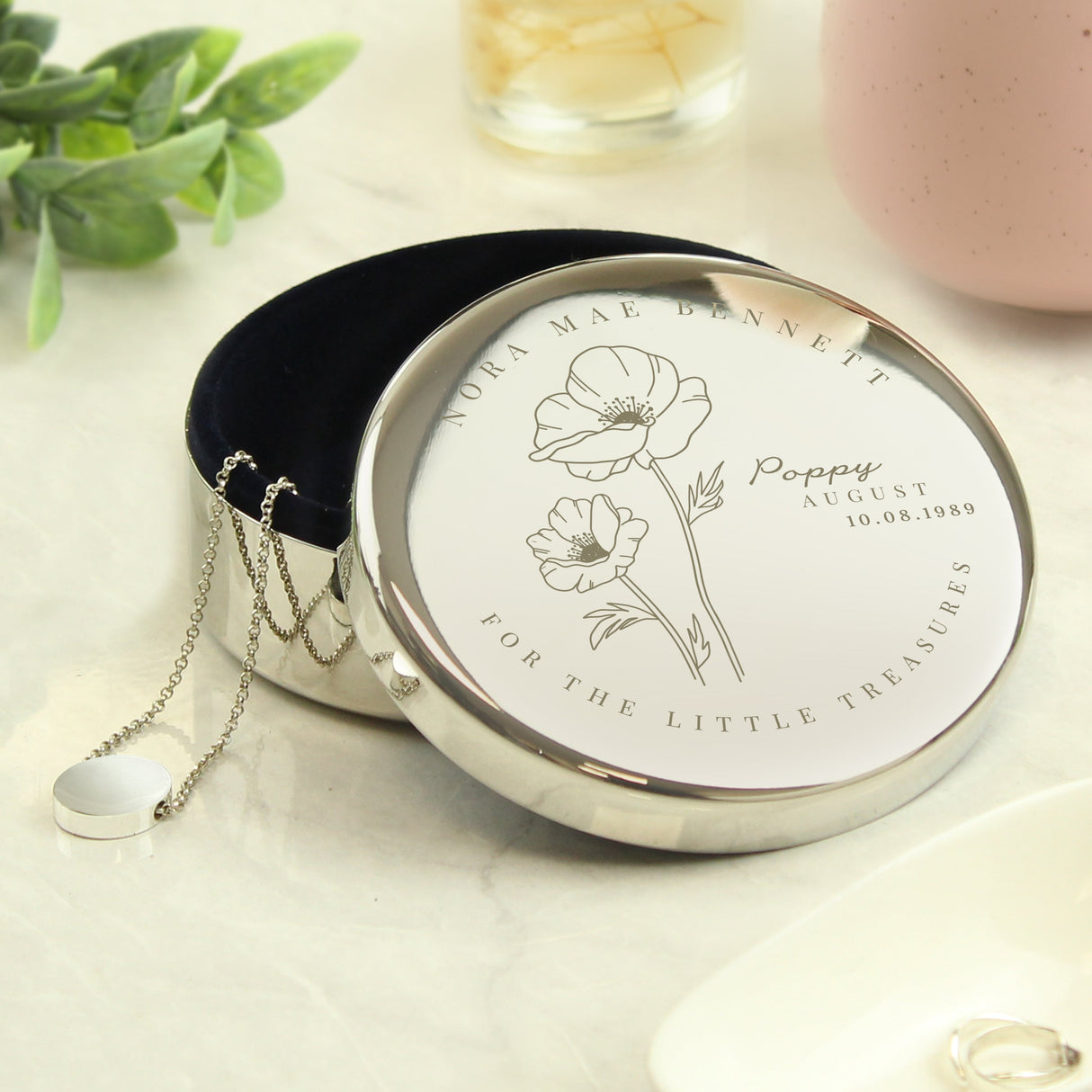 Personalised August Birth Flower Round Trinket Box: 1 - Trinket Boxes By Gift Moments