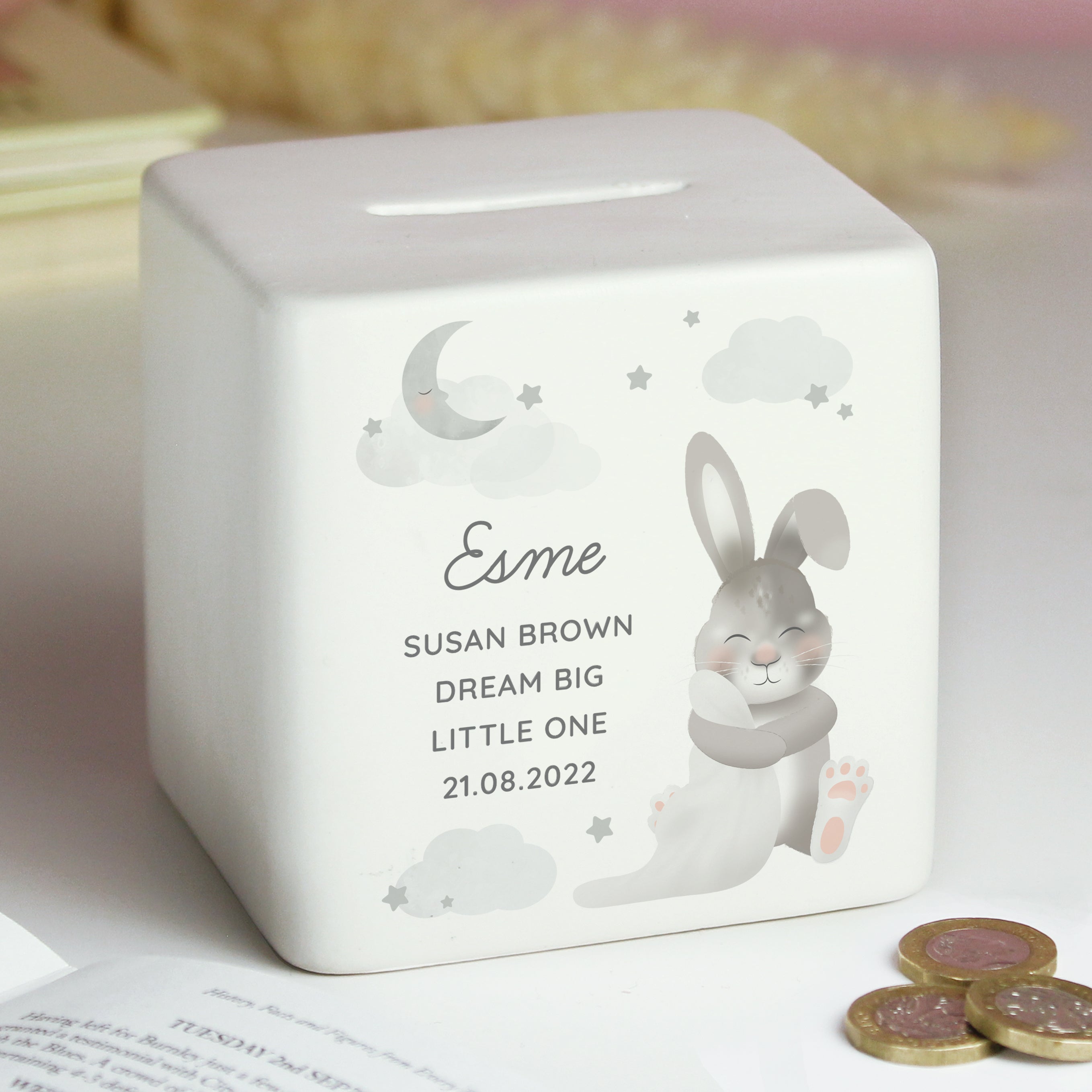 Personalised Baby Bunny Ceramic Square Money Box - Shop Money Boxes At Gift Moments - 4