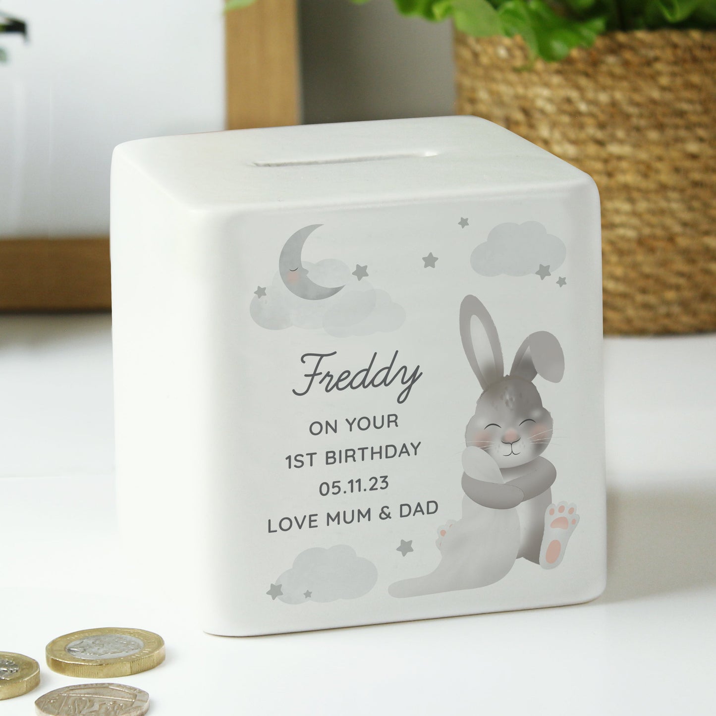Personalised Baby Bunny Ceramic Square Money Box: 3 - Money Boxes By Gift Moments