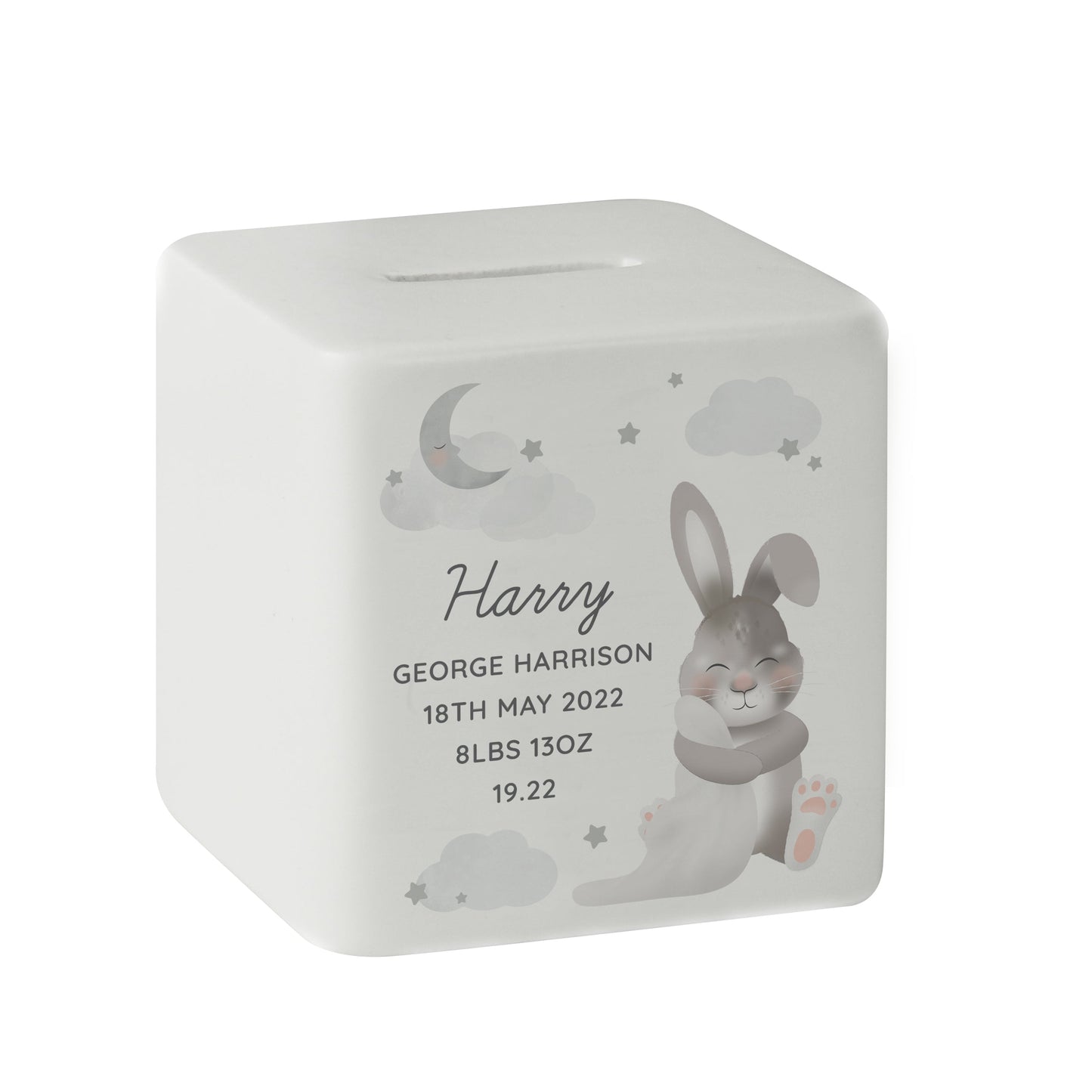 Personalised Baby Bunny Ceramic Square Money Box: 6 - Money Boxes By Gift Moments