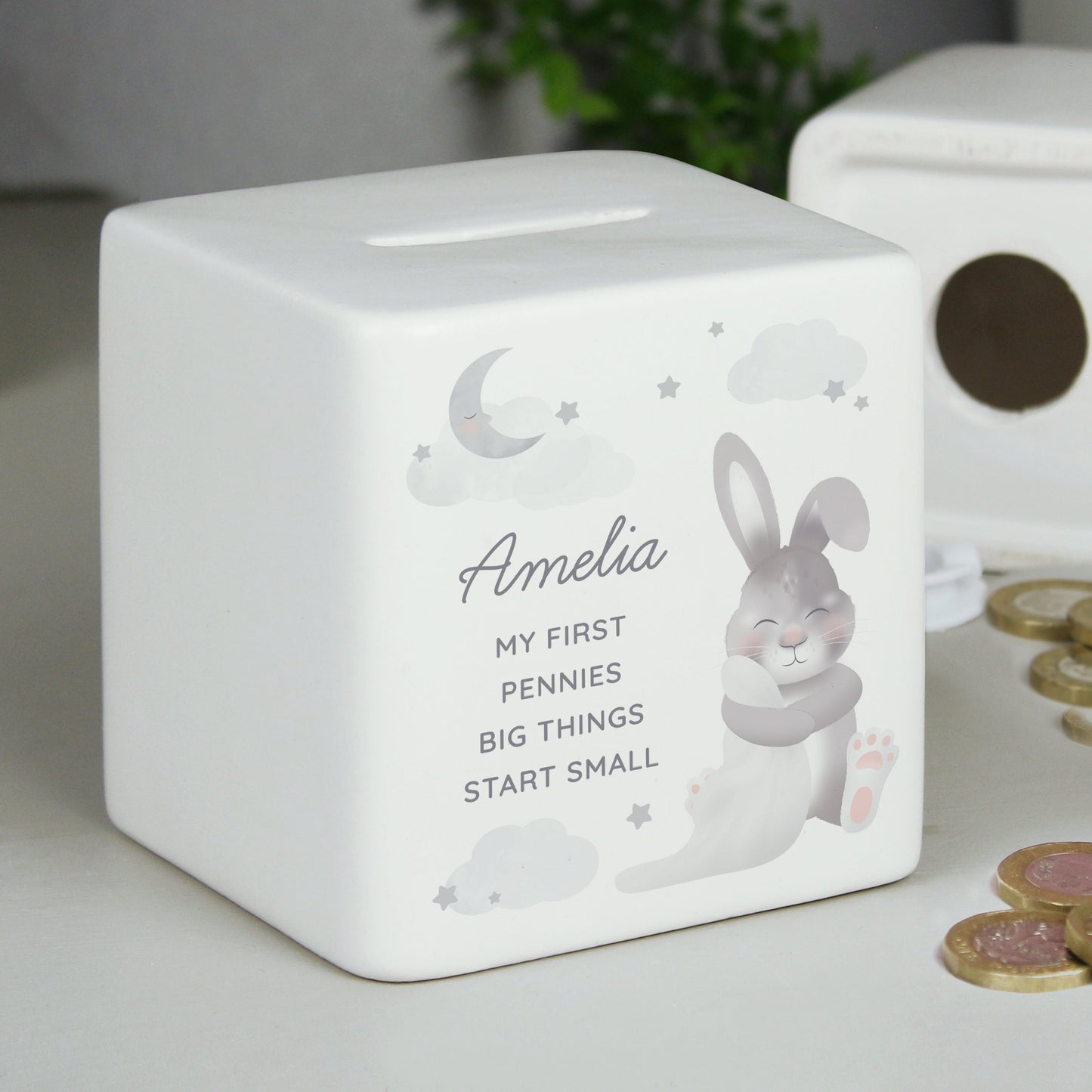 Personalised Baby Bunny Ceramic Square Money Box: 1 - Money Boxes By Gift Moments