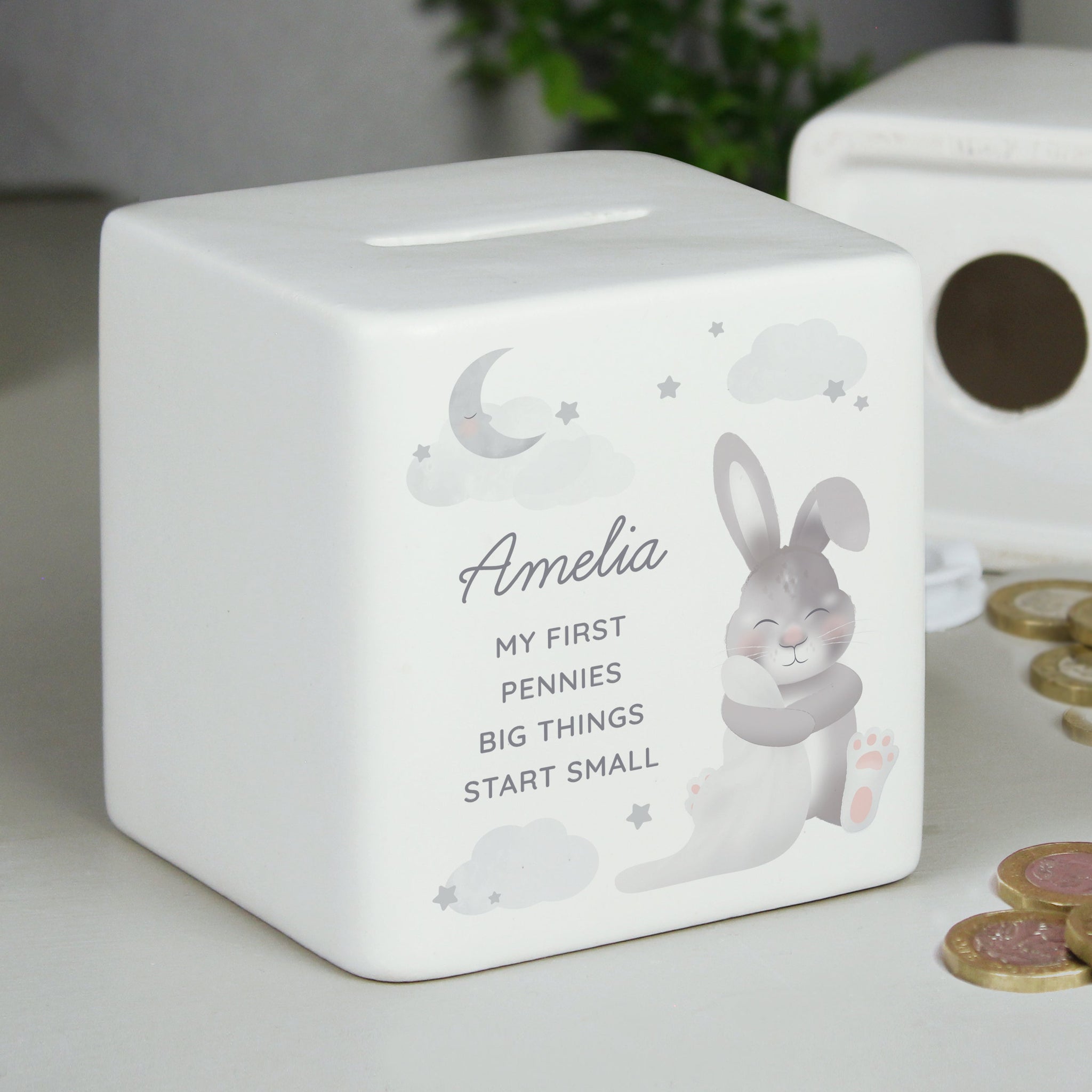 Personalised Baby Bunny Ceramic Square Money Box: 1 - Money Boxes By Gift Moments