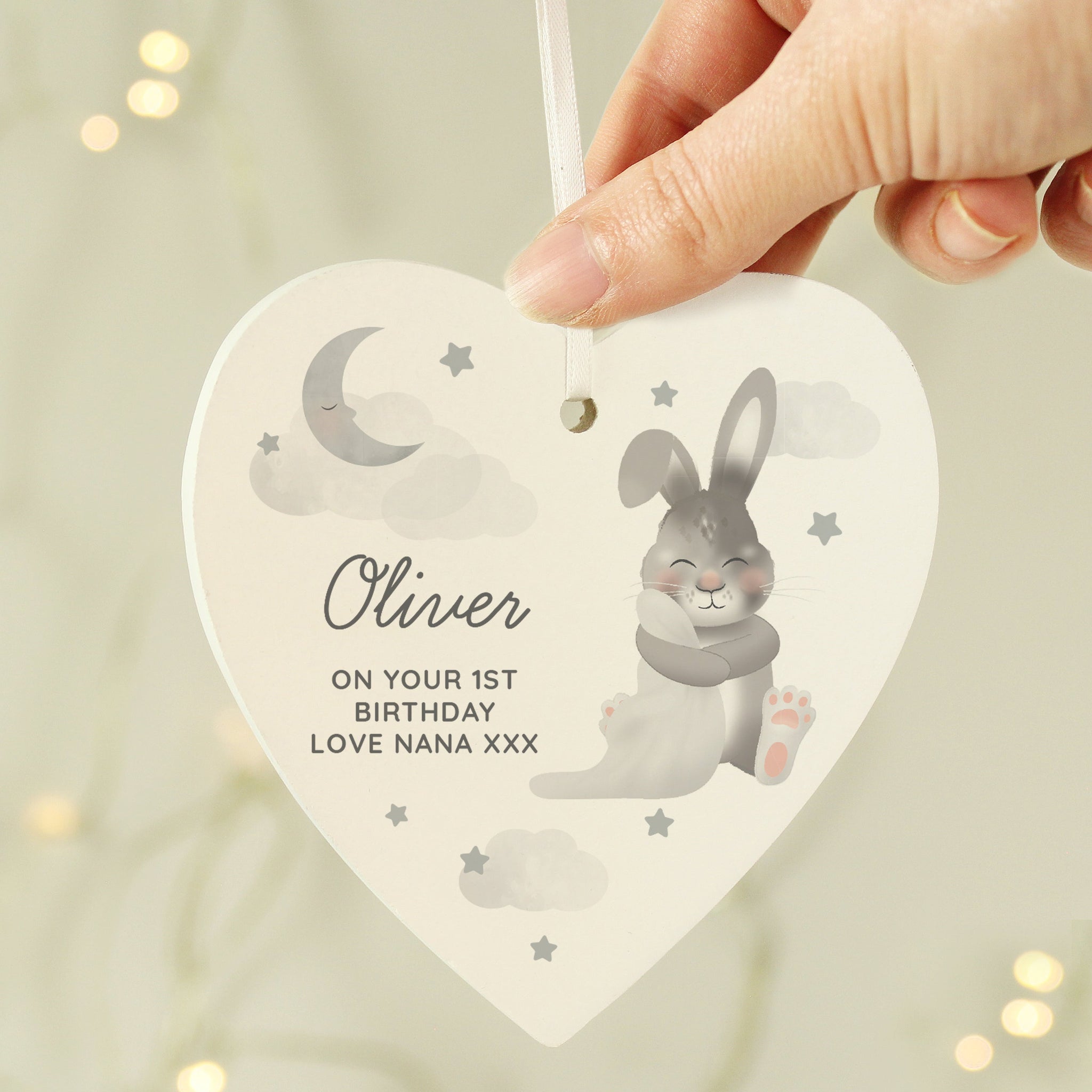 Personalised Baby Bunny Wooden Heart Decoration: 2 - Decorations By Gift Moments