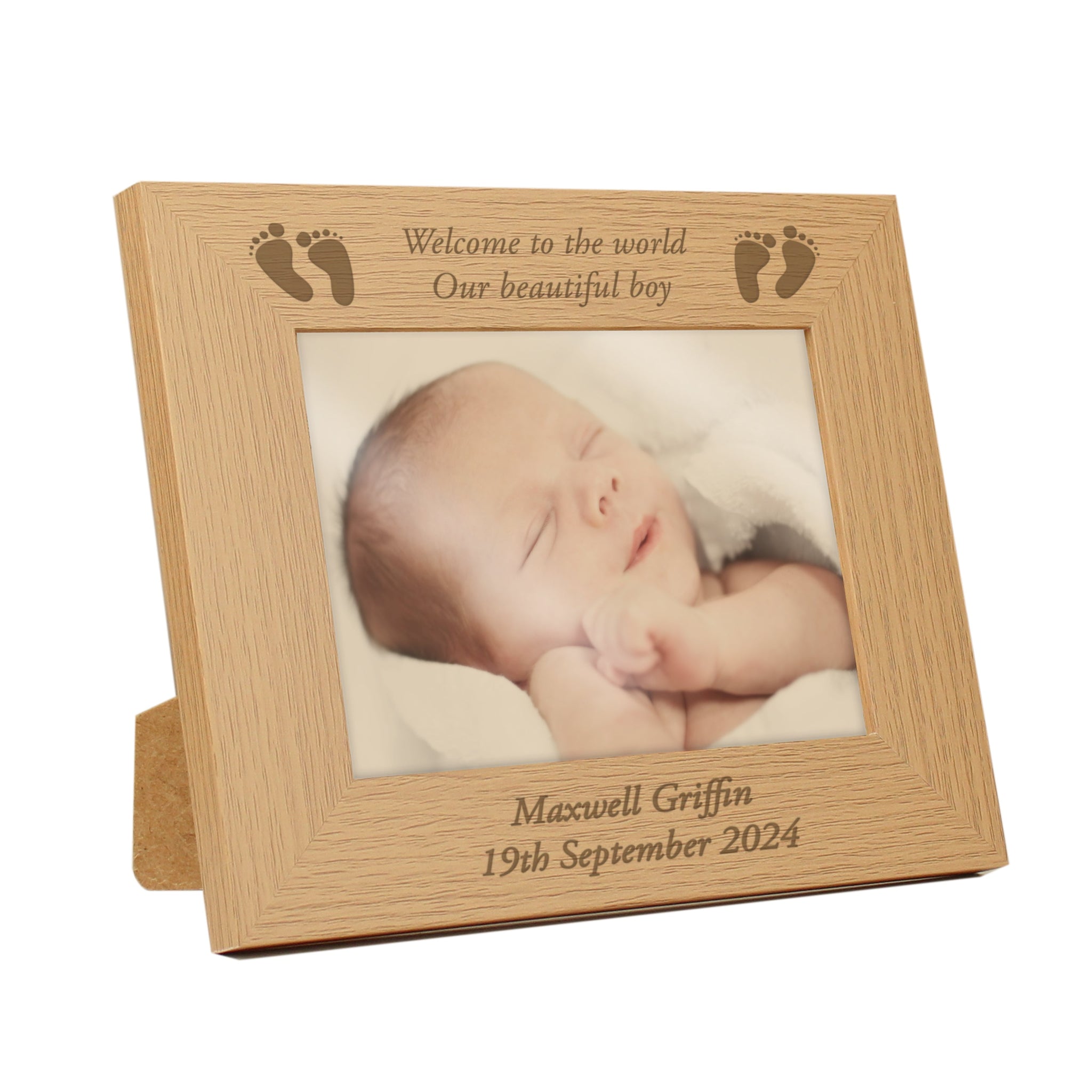 Personalised Baby Feet 5x7 Landscape Oak Finish Photo Frame: 4 - Photo Frames By Gift Moments