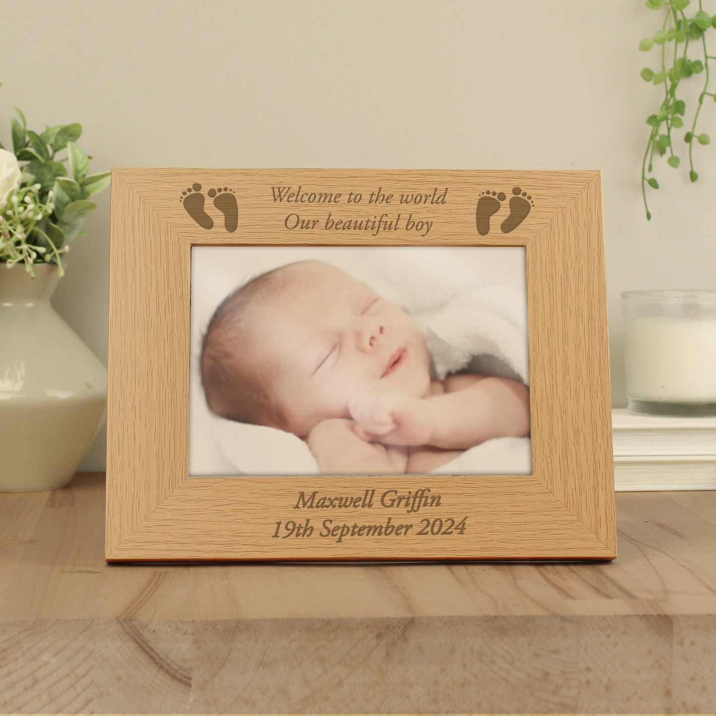 Personalised Baby Feet 5x7 Landscape Oak Finish Photo Frame: 2 - Photo Frames By Gift Moments