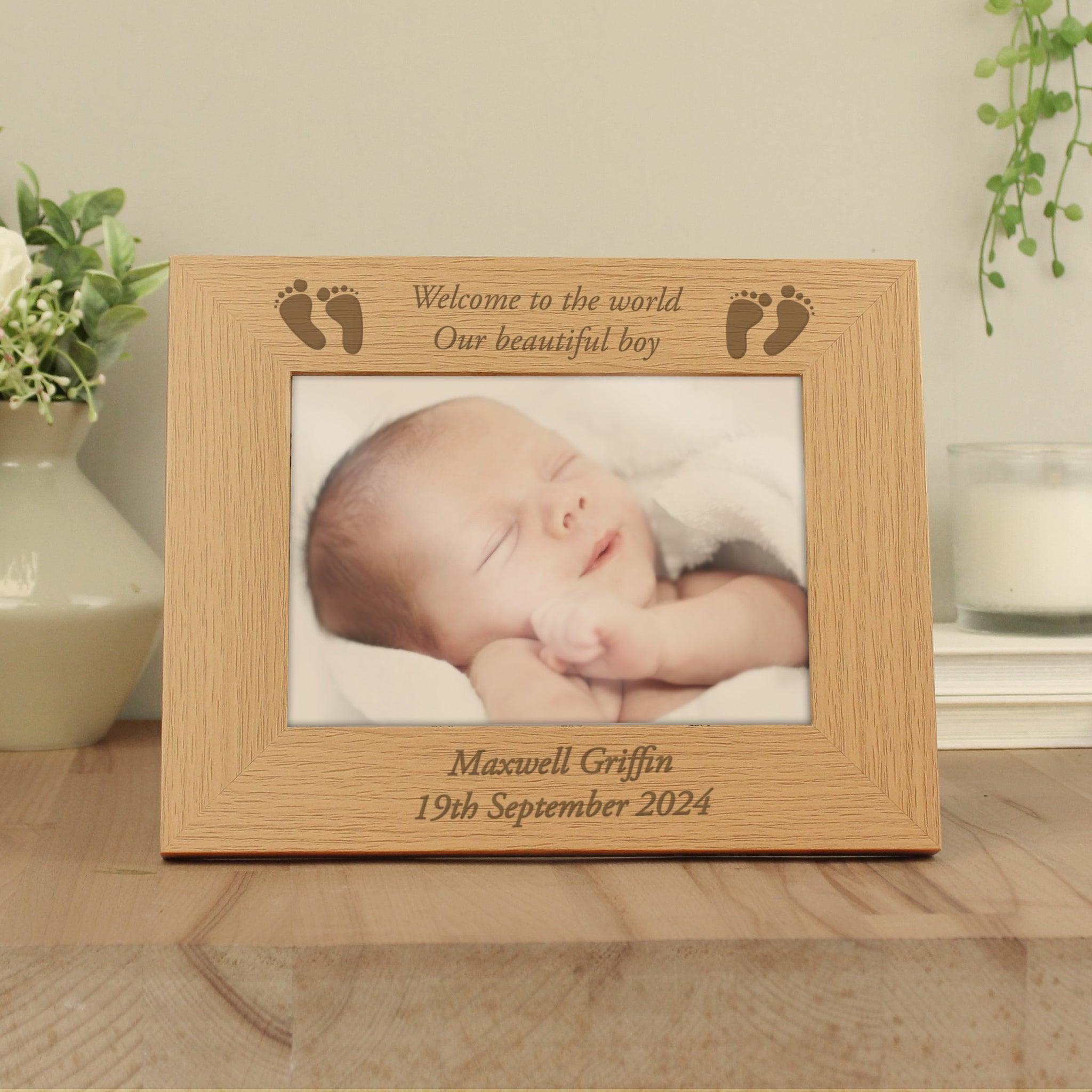 Personalised Baby Feet 5x7 Landscape Oak Finish Photo Frame: 2 - Photo Frames By Gift Moments