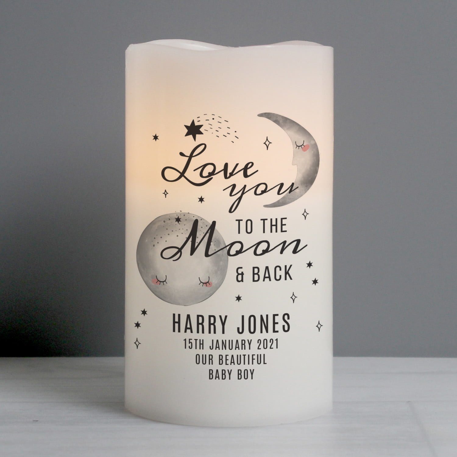 Personalised Baby To The Moon and Back LED Candle: 1 - LED Lighting By Gift Moments
