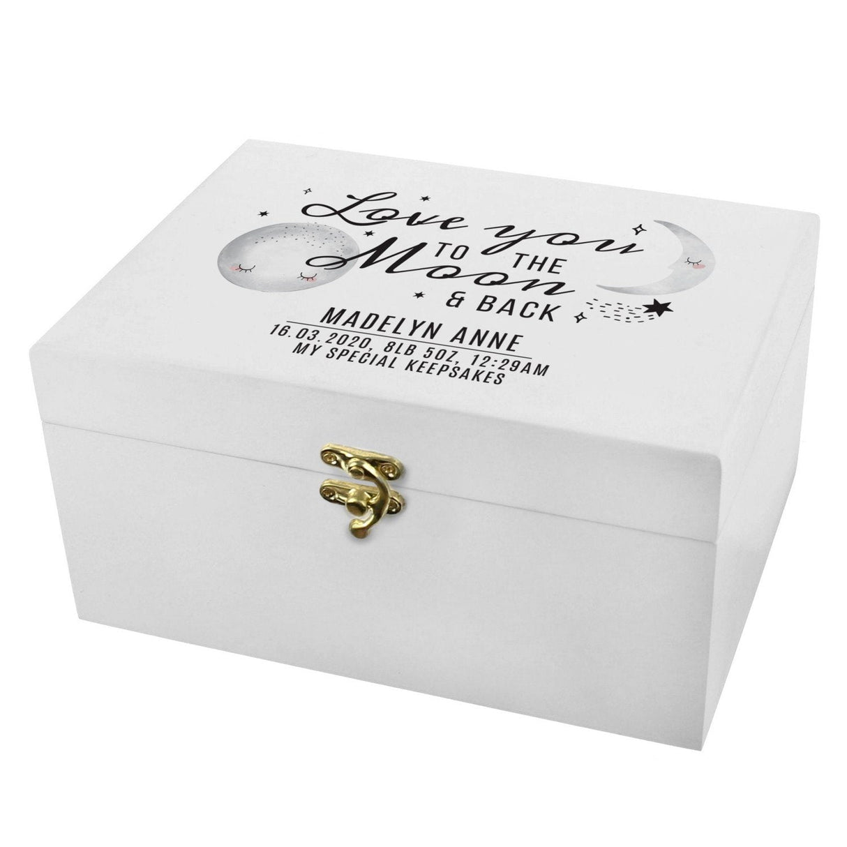 Personalised Baby To The Moon and Back White Wooden Keepsake Box: 3 Keepsake Boxes By Gift Moments