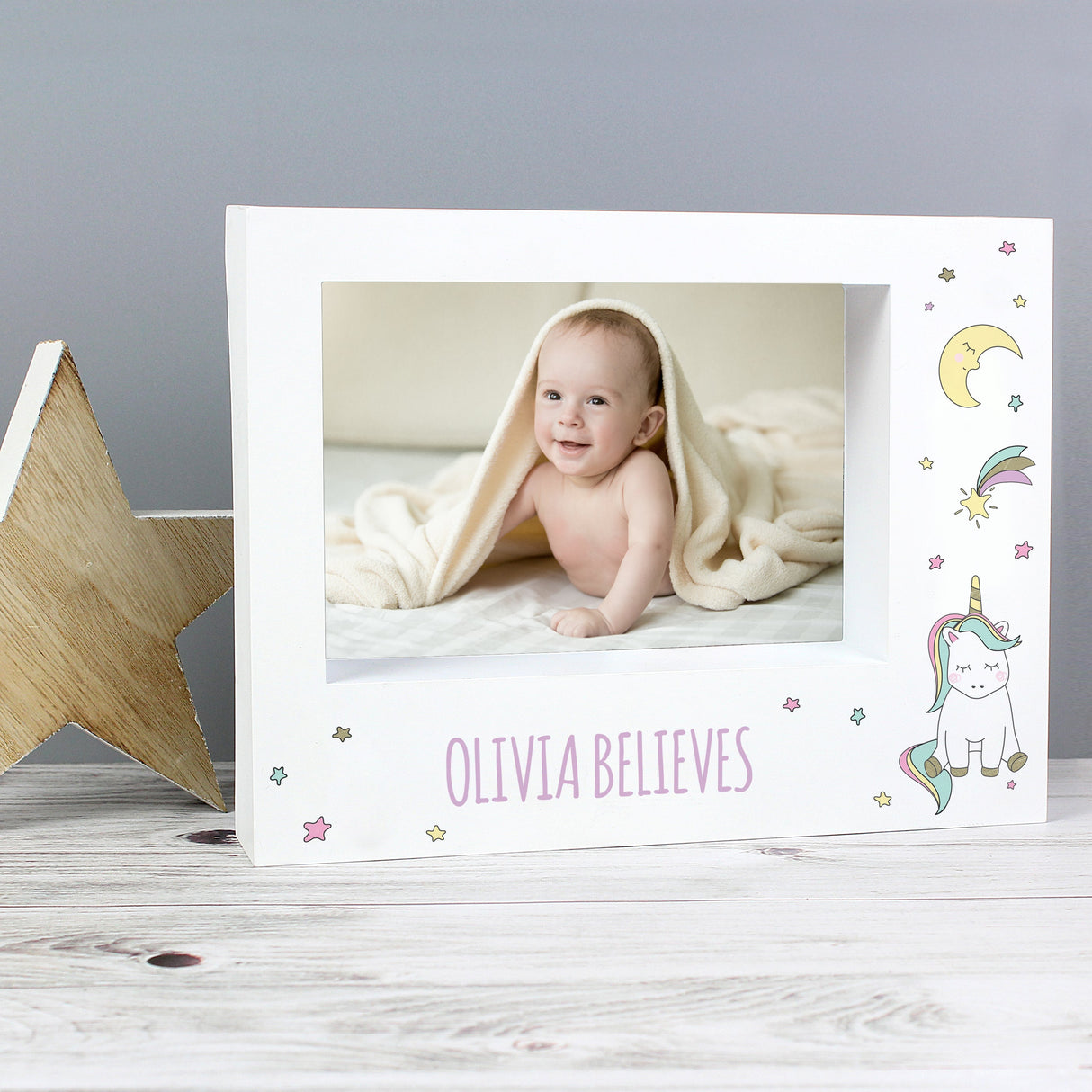 Personalised Baby Unicorn 5x7 Landscape Box Photo Frame: 5 - Photo Frames By Gift Moments