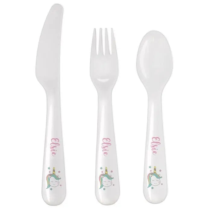 Personalised Baby Unicorn Plastic Cutlery: 3 - Cutlery Sets By Gift Moments