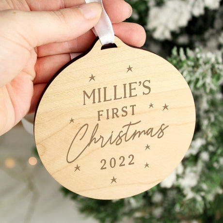Personalised Baby’s First Christmas Round Wooden Decoration: 1 - Decorations By Gift Moments