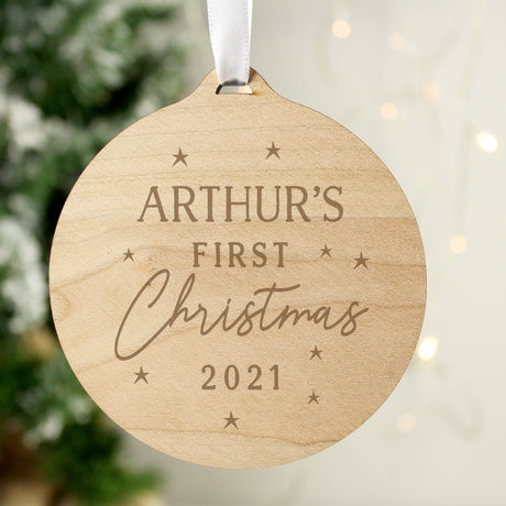 Personalised Baby’s First Christmas Round Wooden Decoration: 2 - Decorations By Gift Moments