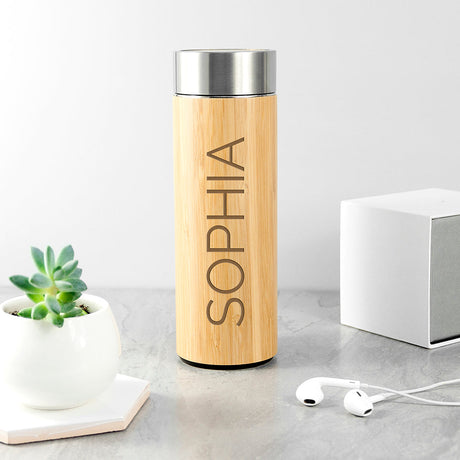 Personalised Bamboo Thermos Flask with Tea Strainer 360ml: 2 Travel Mugs By Gift Moments