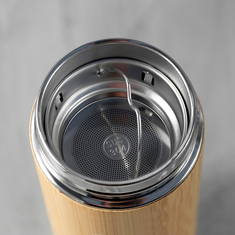 Personalised Bamboo Thermos Flask with Tea Strainer 360ml: 4 Travel Mugs By Gift Moments