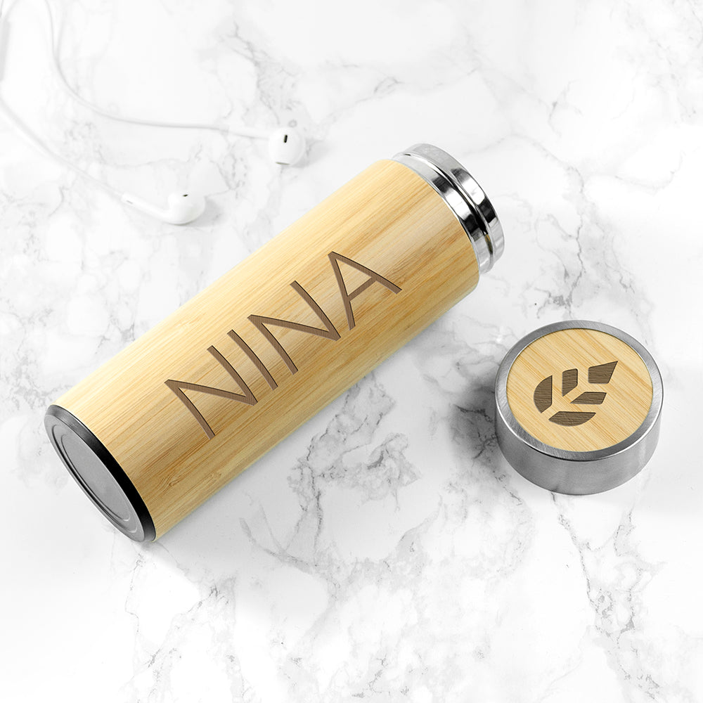 Personalised Bamboo Thermos Flask with Tea Strainer 360ml: 5 Travel Mugs By Gift Moments