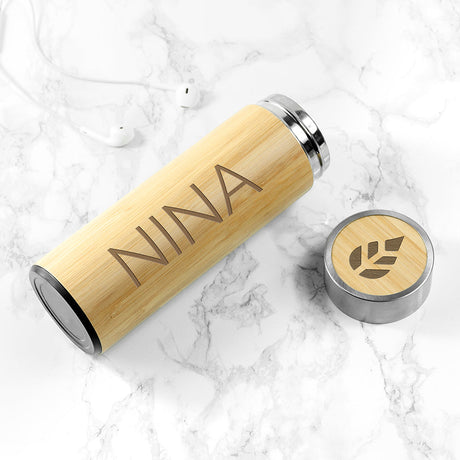 Personalised Bamboo Thermos Flask with Tea Strainer 360ml: 5 Travel Mugs By Gift Moments