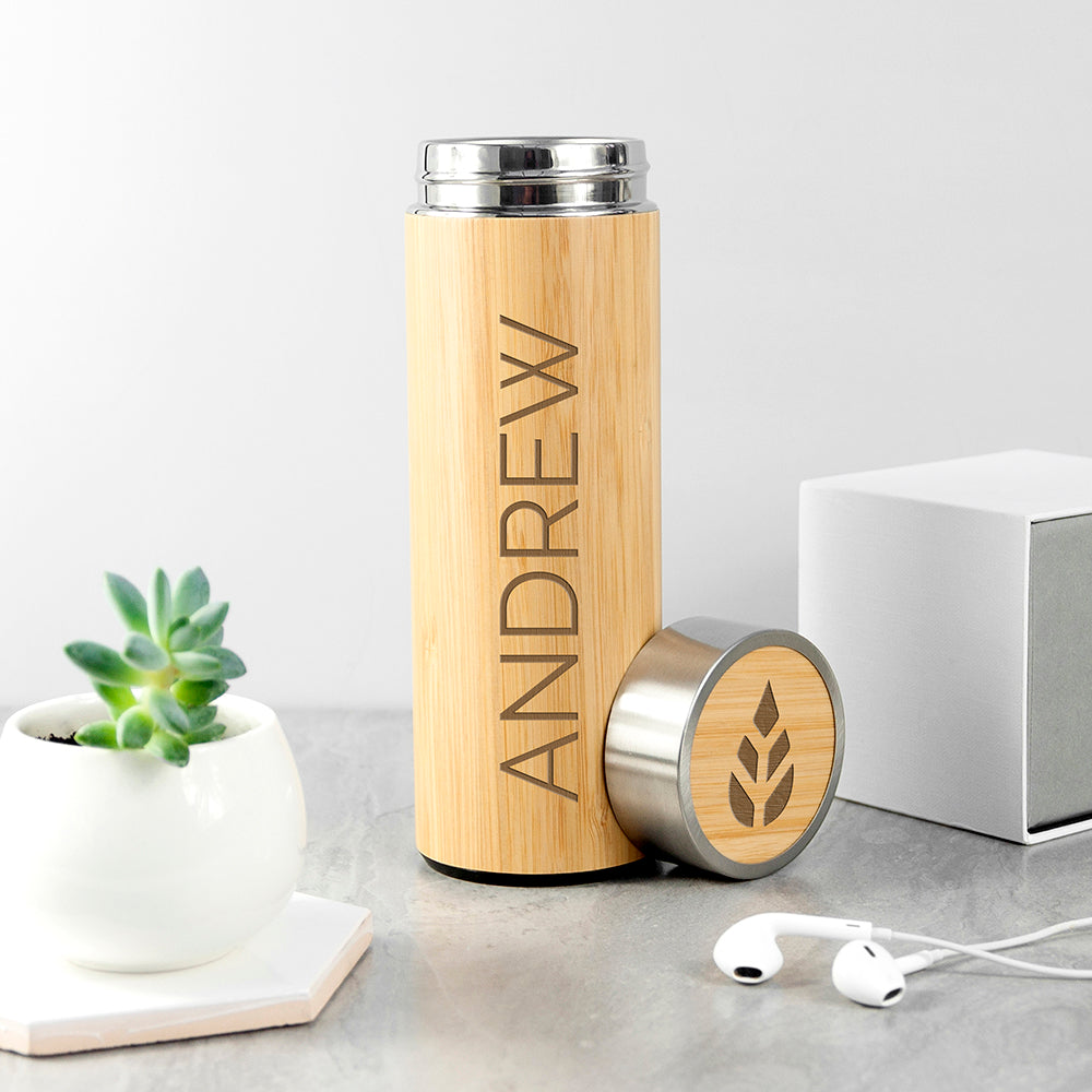 Personalised Bamboo Thermos Flask with Tea Strainer 360ml: 1 - Travel Mugs By Gift Moments
