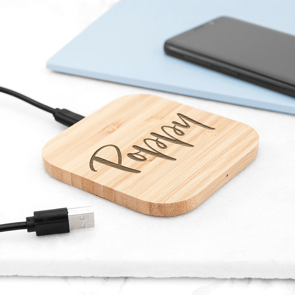 Personalised Bamboo Wireless Charger: 2 - Script - Tech Accessories By Gift Moments