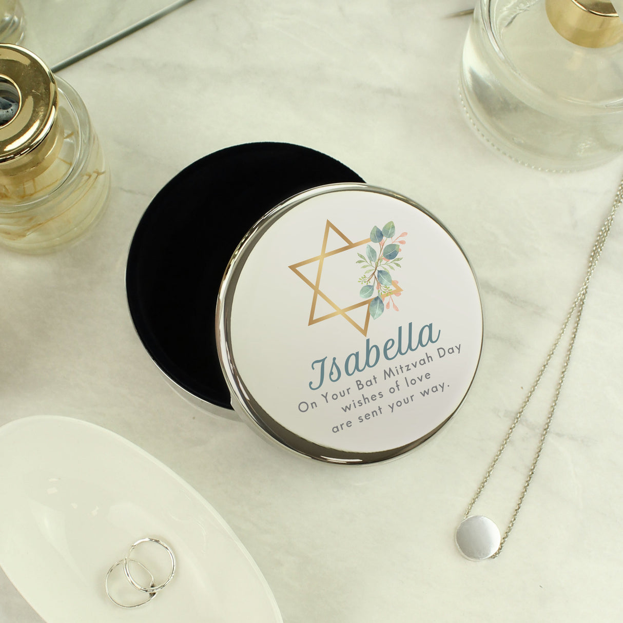 Personalised Bat Mitzvah Round Trinket: 4 - Trinket Boxes By Gift Moments