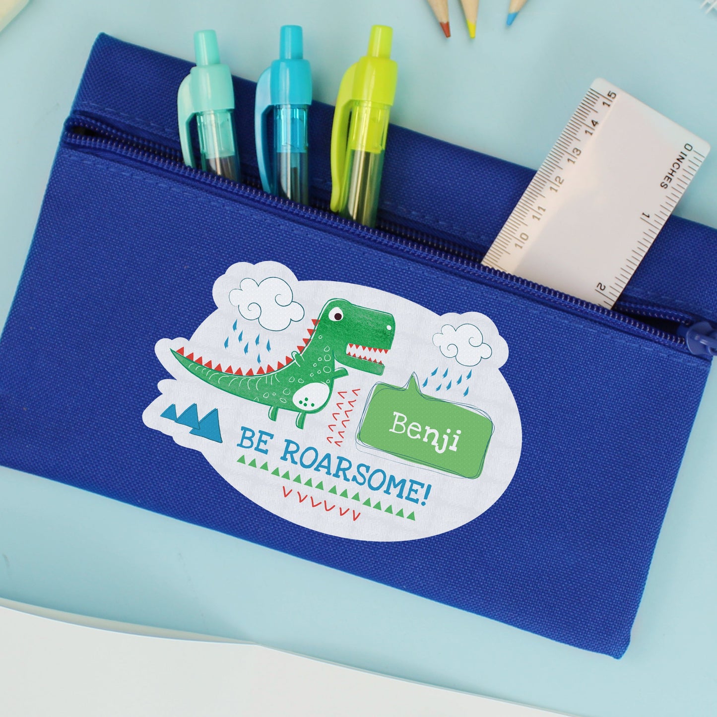 Personalised ’Be Roarsome’ Dinosaur Blue Pencil Case: 1 - Pencil Cases & Sets By Gift Moments