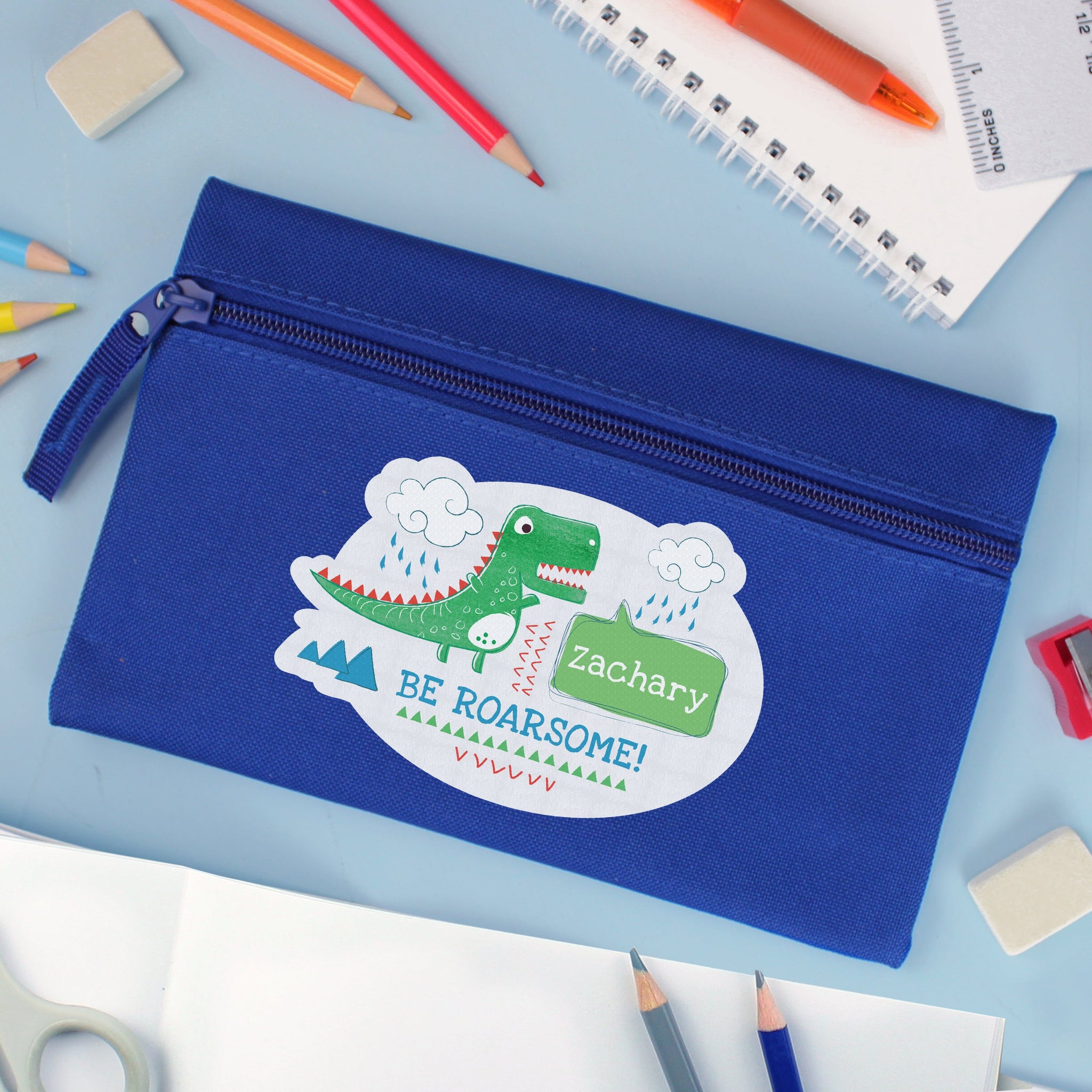 Personalised ’Be Roarsome’ Dinosaur Blue Pencil Case: 3 - Pencil Cases & Sets By Gift Moments