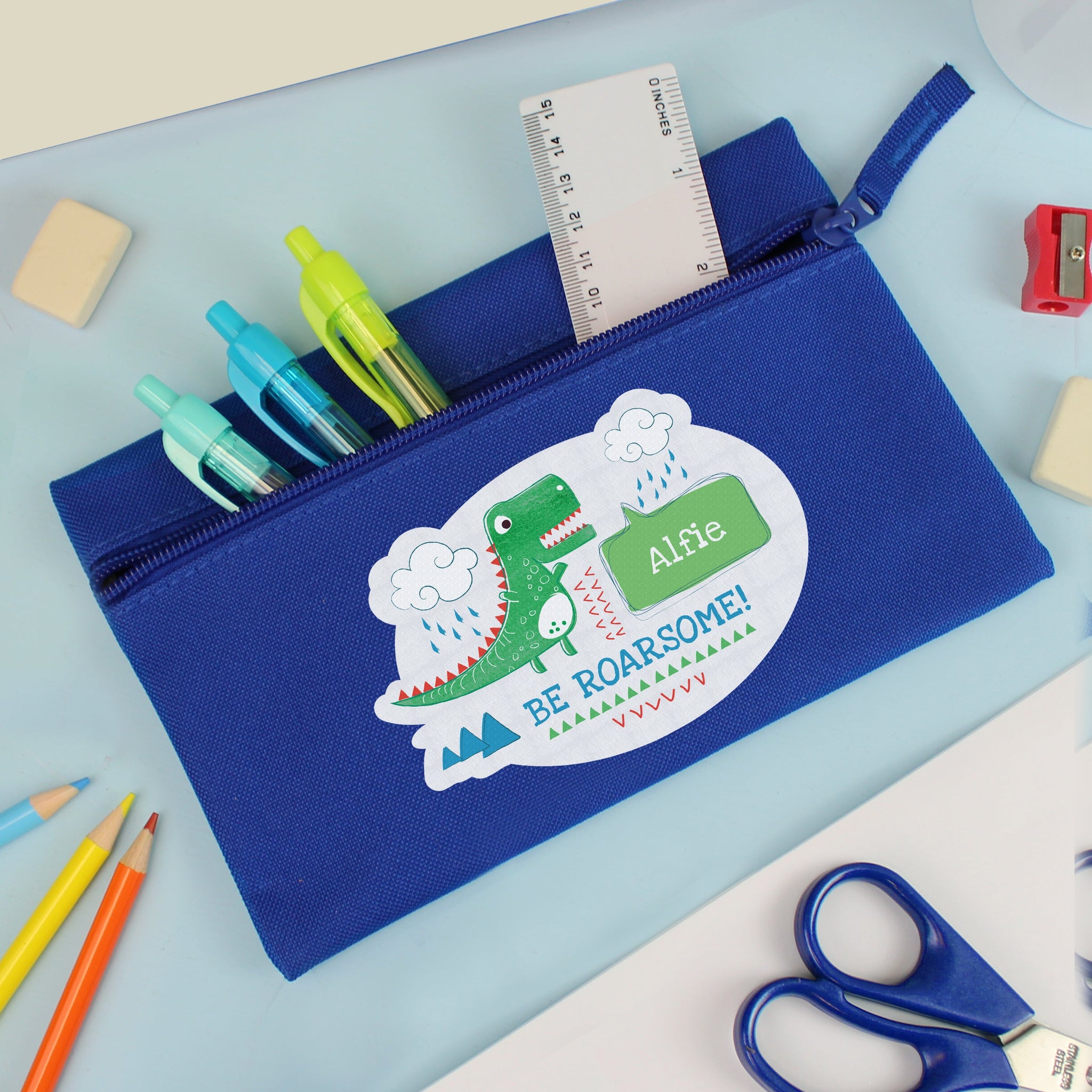Personalised ’Be Roarsome’ Dinosaur Blue Pencil Case: 5 - Pencil Cases & Sets By Gift Moments