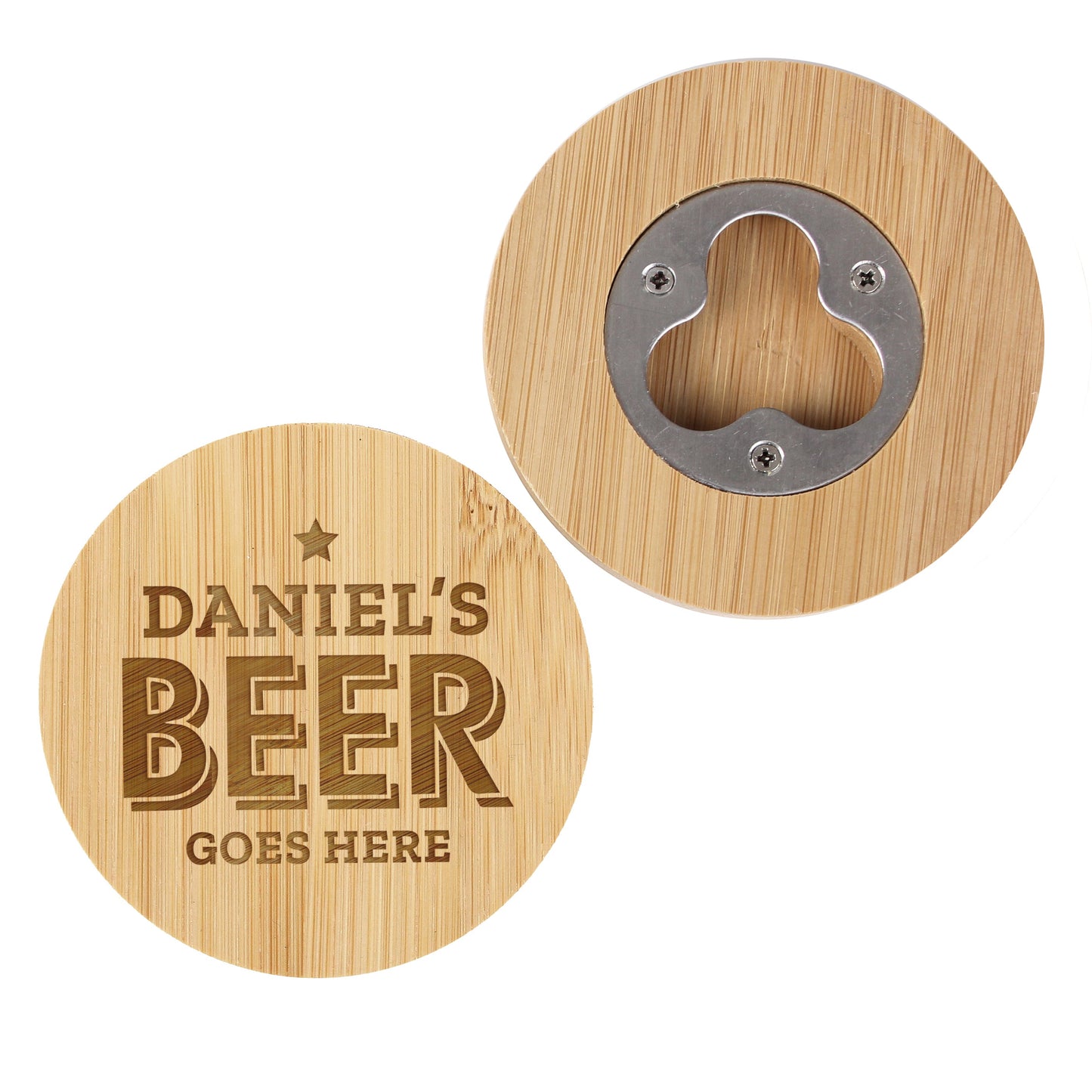 Personalised Beer Goes Here Bamboo Bottle Opener Coaster: 4 - Coasters By Gift Moments