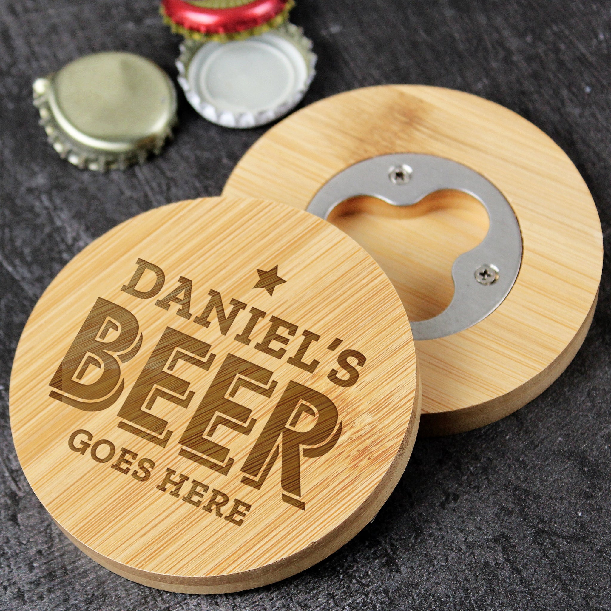 Personalised Beer Goes Here Bamboo Bottle Opener Coaster: 2 - Coasters By Gift Moments