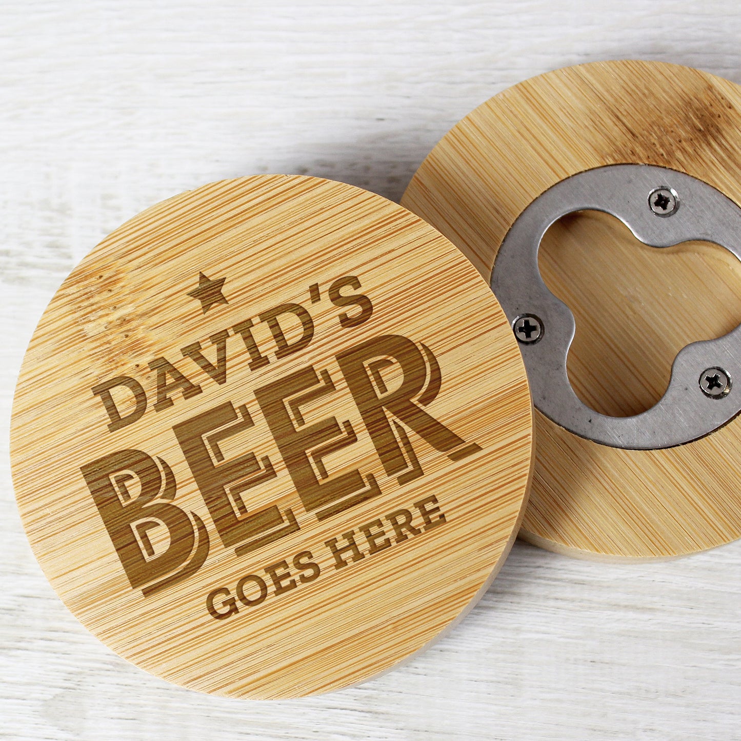 Personalised Beer Goes Here Bamboo Bottle Opener Coaster: 1 - Coasters By Gift Moments