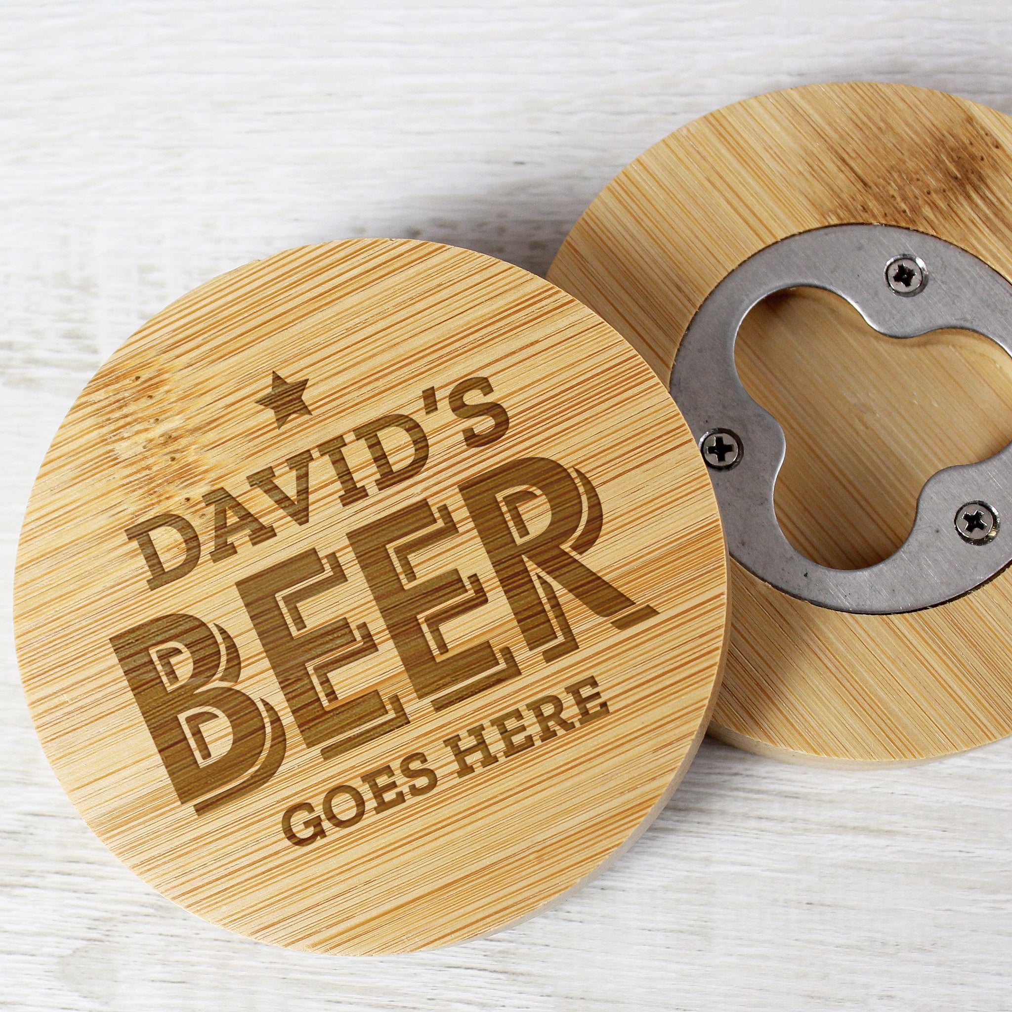 Personalised Beer Goes Here Bamboo Bottle Opener Coaster: 1 - Coasters By Gift Moments