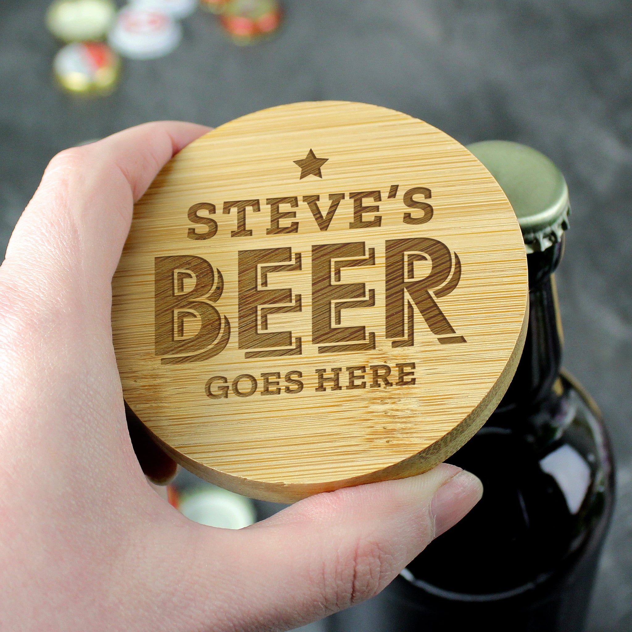 Personalised Beer Goes Here Bamboo Bottle Opener Coaster: 3 - Coasters By Gift Moments
