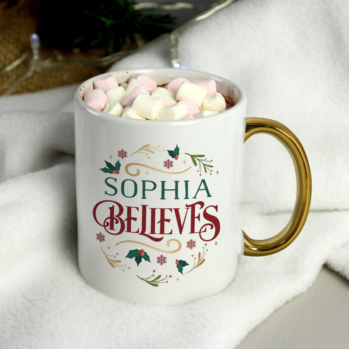 Personalised Believes In Christmas Gold Handled Mug: 2 - Mugs By Gift Moments
