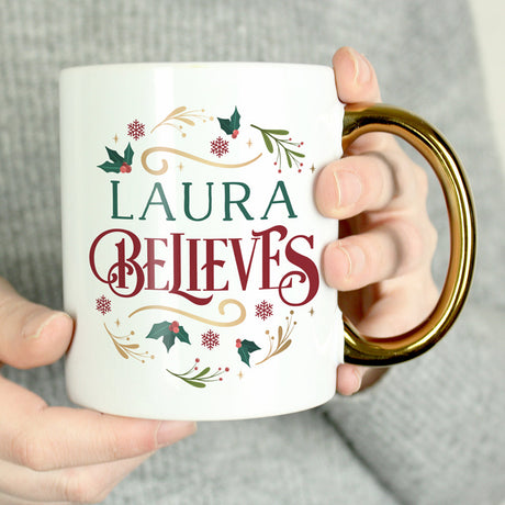 Personalised Believes In Christmas Gold Handled Mug: 1 - Mugs By Gift Moments
