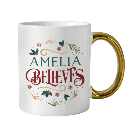 Personalised Believes In Christmas Gold Handled Mug: 3 - Mugs By Gift Moments