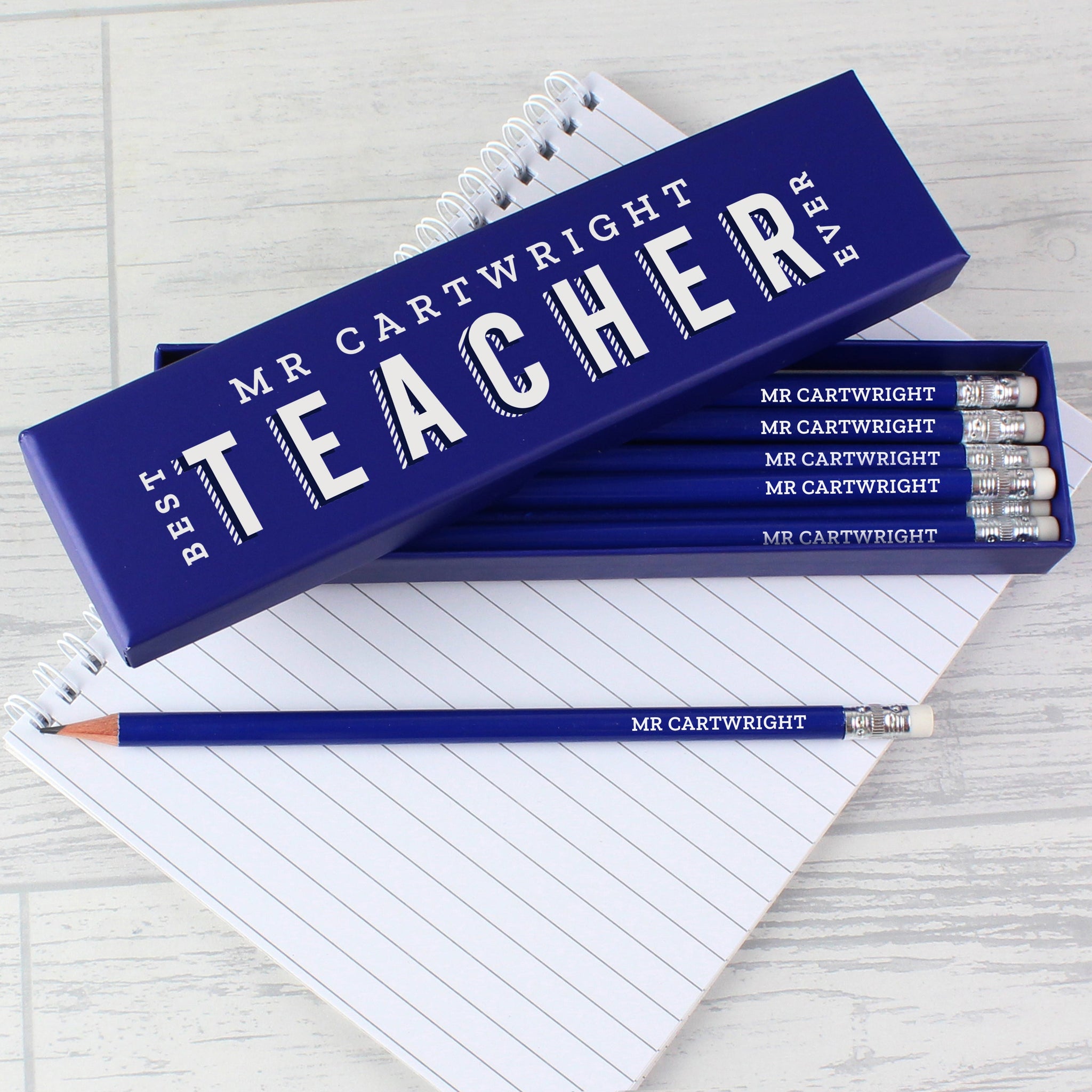 Personalised Best Teacher Ever Box and 12 Blue HB Pencils: 3 - Pens & Pencils By Gift Moments