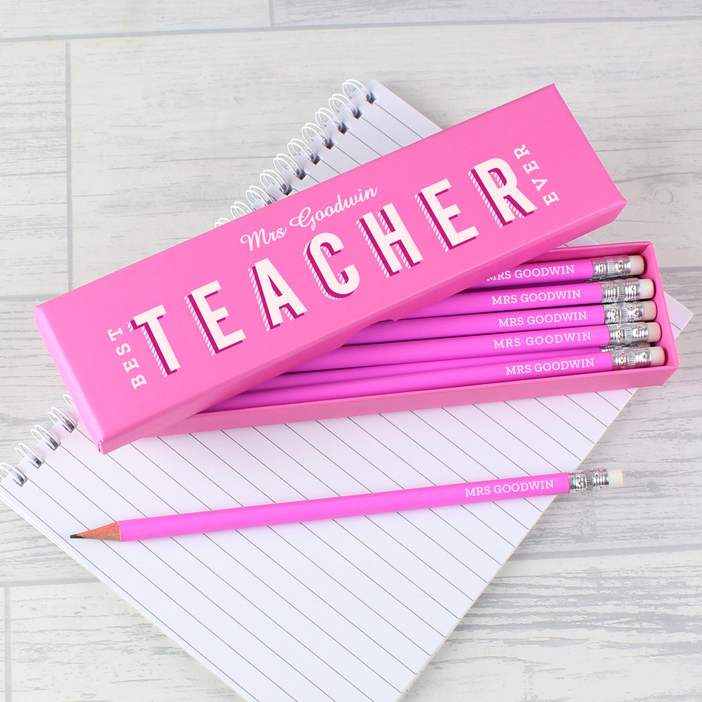 Personalised Best Teacher Ever Box and 12 Pink HB Pencils: 3 - Pens & Pencils By Gift Moments