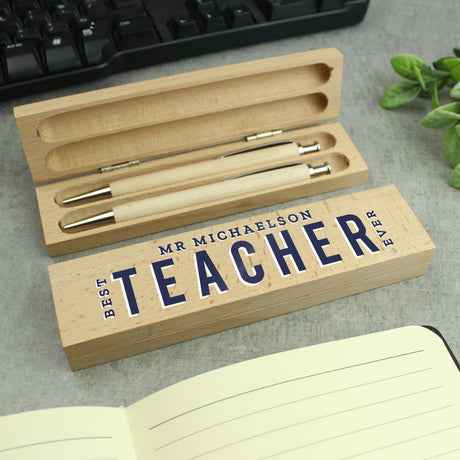 Personalised Best Teacher Wooden Pen and Pencil Set: 3 - Pens & Pencils By Gift Moments