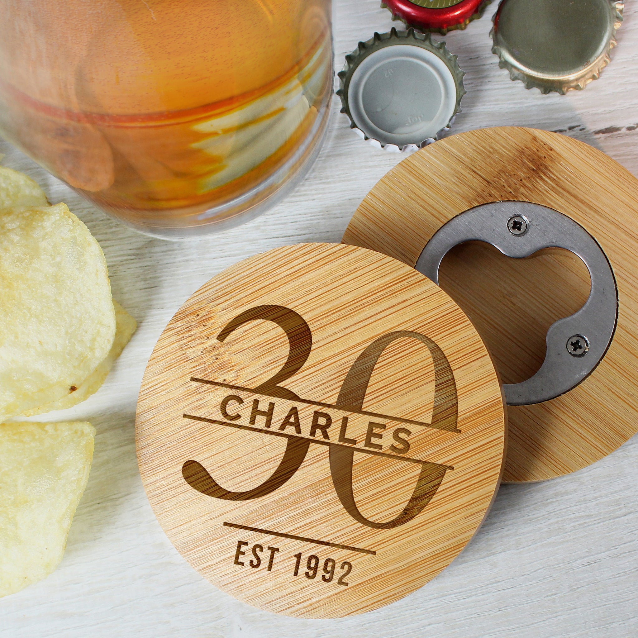 Personalised Big Age Bamboo Bottle Opener Coaster: 3 - Coasters By Gift Moments